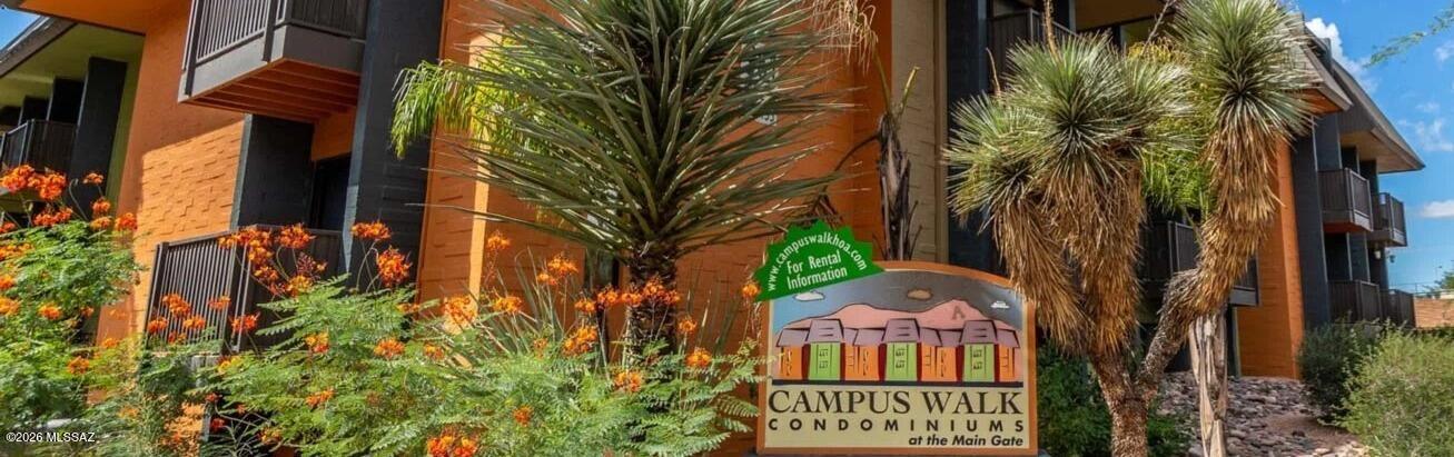 Ten min walk to Eller, Student union, Old Main! Live in one of the most iconic & well cared for condo complexes near campus-Campus Walk Condominiums. A  gated student community. Just across Euclid from UA campus. Enjoy the peace & quiet of this 2 bed 2 bath fully furnished move in ready unit. Living room, half bath & kitchen at entry level. 2 large bedrooms downstairs for quiet & privacy. Galley kitchen with granite counter tops & stainless steel appliances. End unit on westside of complex away from noise of Euclid. Assigned parking space steps from your door, & the amenities of a secure gated community: study lounge, swimming pool, pool table, Laundry facility & more. TV & Internet included in HOA dues. Freshly painted with new carpet. Campus Walk is around the corner to Main gate Square on University Blvd(see maps in pictures). It features numerous restaurants, shoppes, coffee houses, night life activities and the trolley to 4th avenue & downtown. Less than a mile to Banner/UMC hospital and UA sporting events. The Marriott Hotel is across the street for out-of-town guests.