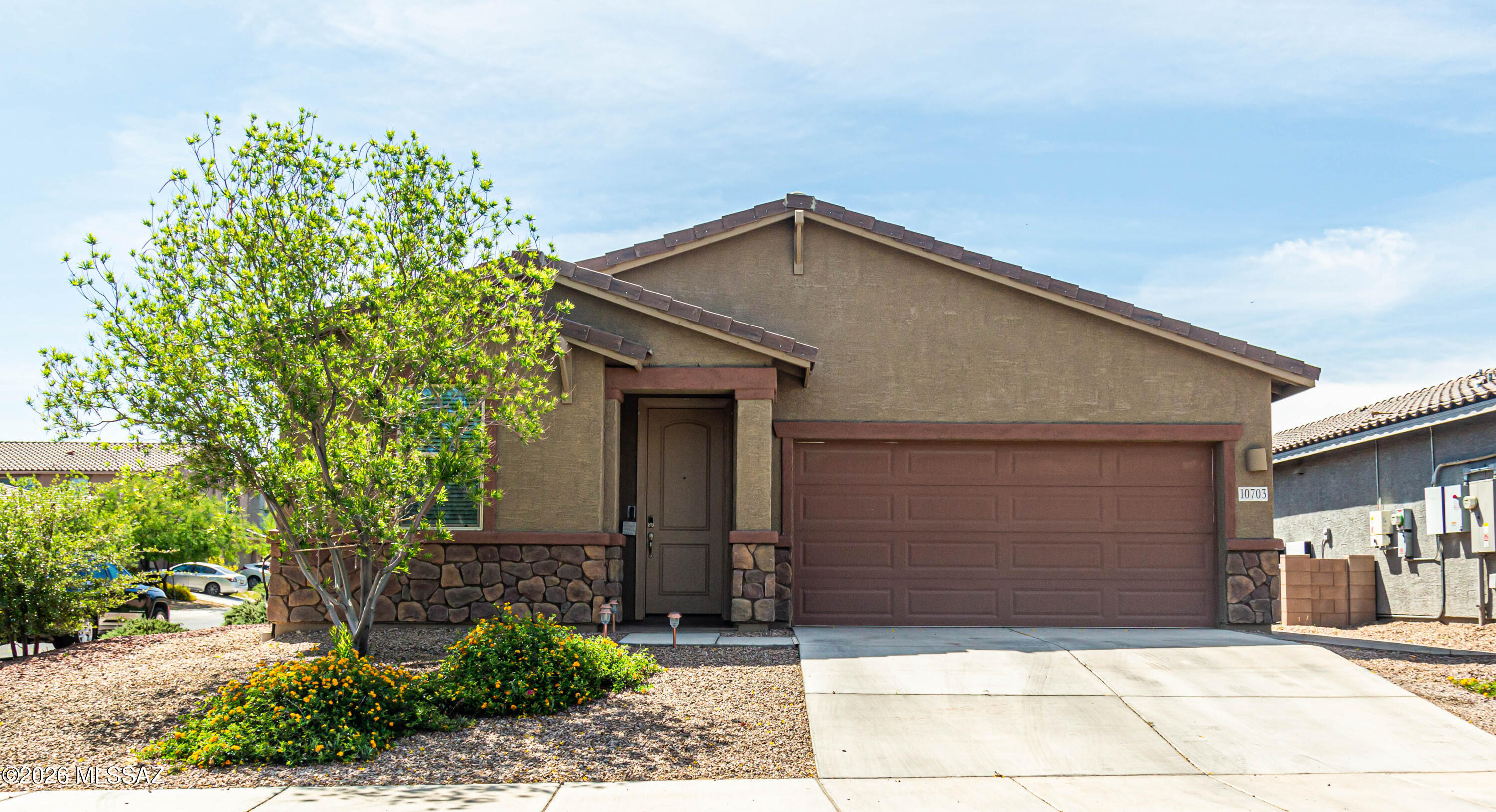 Welcome to this stunning 4 bedroom,  plus Den with 3 full bathrooms in the highly desired Brookstone community in Gladden Farms, Marana.  Built in 2022, this move-in-ready home offers modern style, open living spaces, and the perfect blend of comfort and convenience.
Enjoy a spacious Great Room that flows seamlessly into the upgraded Kitchen, complete with granite countertops, energy-efficient stainless steel appliances, and a large center island perfect for entertaining or everyday living. The primary suite features a double vanity, a walk-in shower, and generous closet space. Backyard fully landscaped with pavers, turf, and rock. Heavy-duty storage racks in a 2-car garage. Solar Panels, spray foam insulation, and low-e windows. Tenant will pay the electric bill of only $200.00 each mont