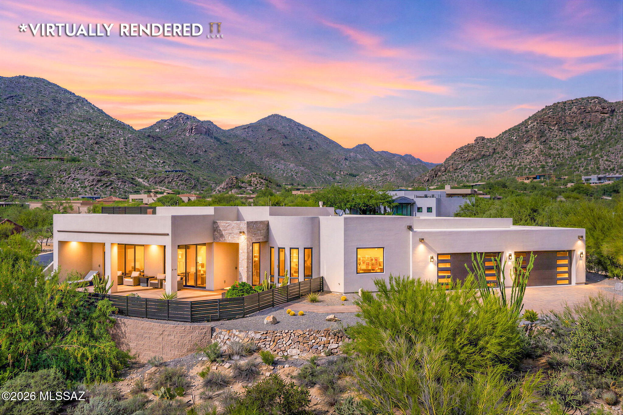 Furnished, 3,554 sq ft modern-contemporary in Dove Mountain's Canyon Pass.  Built 2020, featuring 4 bedrooms, 5 baths, office, 4-car garage, and cascading pool and spa. Thoughtfully designed and situated to provide gorgeous views of the mountains from the private, north-facing backyard, and panoramic views of the city lights and valley below from the large front windows, covered front patio, and roof deck. The open floor plan features a gourmet kitchen, high-end appliances, gorgeous waterfall island, high ceilings, linear fireplace, spa-like primary suite, and split-bedroom floor plan. Furnished w/ a premium Copenhagen furniture collection, motorized blind package, and integrated audio/TV system. Just minutes from the Ritz-Carlton and the Gallery Golf Club and Sport Center. Easy to show.