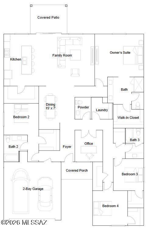This new single-story home features an open-concept layout among the family room, dining area and kitchen to promote seamless everyday living, while a nearby covered patio offers space for indoor-outdoor entertaining. Privately situated at the back of the home, the owner's suite creates a peaceful sanctuary with an en-suite bathroom and walk-in closet, with three additional bedroom tucked away to the side of the home. A designated office space completes the home, perfect for remote-work days and more. Our homes come with Quartz Countertops, the Rinnai Tankless Water Heaters, Smart Thermostats, Post-Tension Foundation, Radiant barrier roof decking, 2'' Faux Wood Blinds and more! As an added bonus, this home includes a washer and dryer.