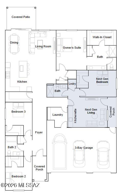 This new single-story Next Gen® home features a private suite with a separate entrance, living area, kitchenette, bedroom, bathroom and laundry, ideal for multigenerational households. In the main home, two additional bedrooms and a full-sized bathroom are located upon entry, leading to a spacious open-concept floorplan shared between a modern kitchen, inviting dining area and a comfortable living room. A luxurious owner's suite completes the home and provides a private retreat with a full bathroom and a walk-in closet. Our homes come with Quartz Countertops, the Rinnai Tankless Water Heaters, Smart Thermostats, Post-Tension Foundation, Radiant barrier roof decking, 2'' Faux Wood Blinds and more! As an added bonus, this home includes a washer and dryer.