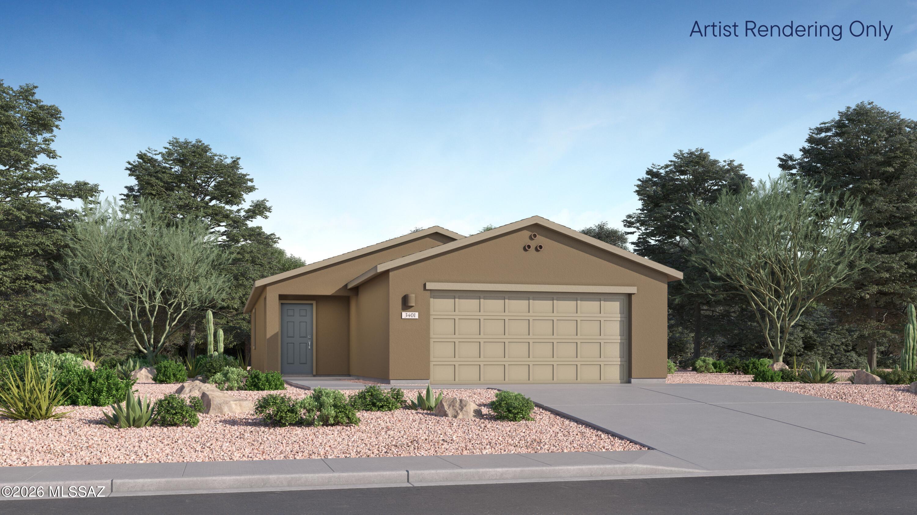 This new single-story home maximizes space for increased tranquility. An open floorplan connects the kitchen, dining room and family room in a modern style that prioritizes functionality. Nearby is a covered patio to promote seamless indoor-outdoor living. On the opposite side of the home are two secondary bedrooms and a tranquil owner's suite with a private bathroom and walk-in closet. This home includes GE® stainless steal appliances, Rinnai Tankless Water Heater, prep for reverse osmosis, Quartz Countertops, 2'' faux wood blinds, LED lighting and so much more! As an added bonus, this home includes a washer and dryer - move-in ready and waiting for you!