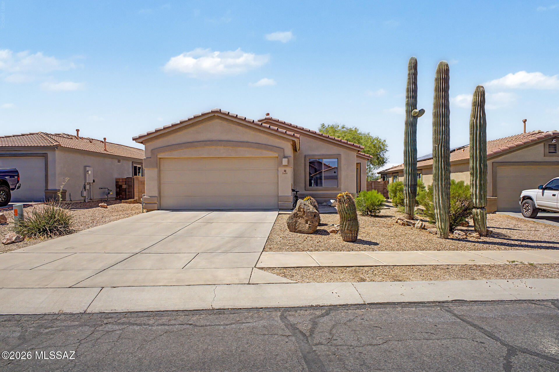 This lovely 3-bedroom, 2-bath home welcomes you with a 2-car garage and a charming desert landscape. Inside, you'll find a serene living room with high ceilings, a soothing palette, stylish wood-look flooring, and an inviting fireplace for relaxing evenings. The well-appointed kitchen comes with ample wood cabinetry, essential built-in appliances, recessed lighting, essential built-in appliances, a pantry, an island, and a two-tier peninsula with a breakfast bar. The primary bedroom includes an ensuite with dual sinks and a convenient walk-in closet. Enjoy intimate moments with loved ones in the private backyard, showcasing a covered patio and a refreshing pool and spa. The pool has a new pump and heater that is 1 year old and has 2 years left on a warranty, it can be controlled by an app.