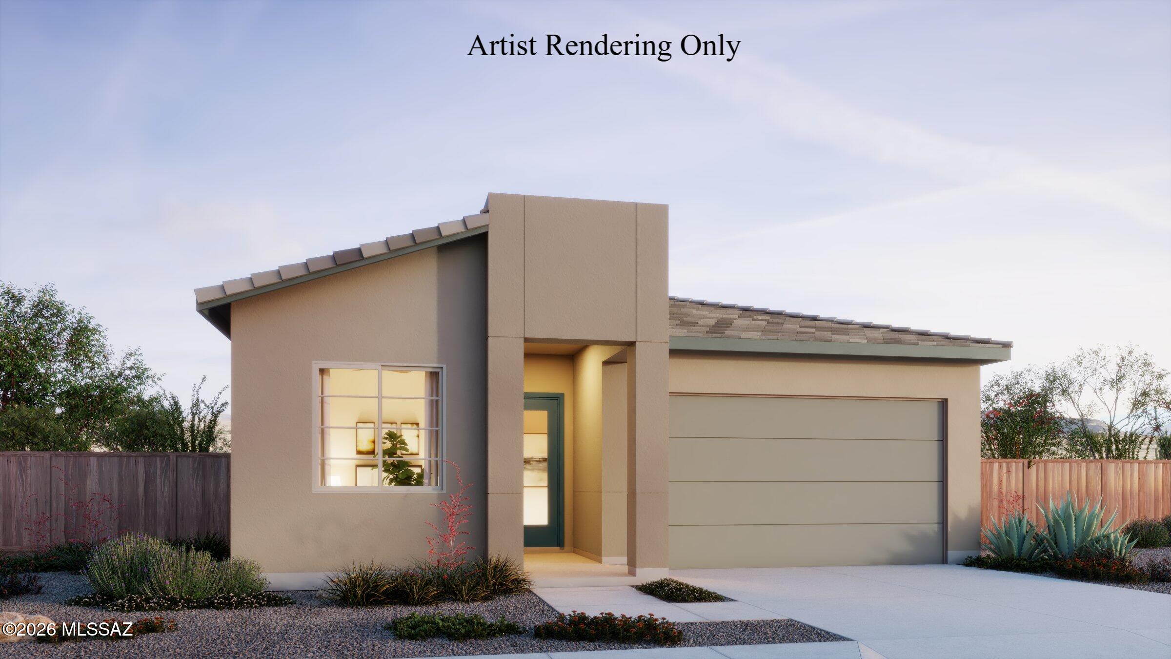 Ginger floorplan in a Desert Modern elevation. Thoughtfully designed home offers 3 bedrooms, 2 full baths and convenient Stop-n-Drop area just off the 2-car garage, making organization a breeze. The Owner's suite is a sanctuary featuring huge walk-in closet, linen closet for extra storage, beautifully tiled walk-in shower & vanity with twin sinks. The kitchen is a chef's dream, equipped with a gas range, elegant quartz countertops, 42'' upper cabinets for ample storage, a center island that's perfect for meal preparation and a walk-in pantry for all your culinary essentials. Step outside to the covered patio making outdoor entertaining a delight. Includes Washer/Dryer, refrigerator & faux wood blinds. Est completion April '26.