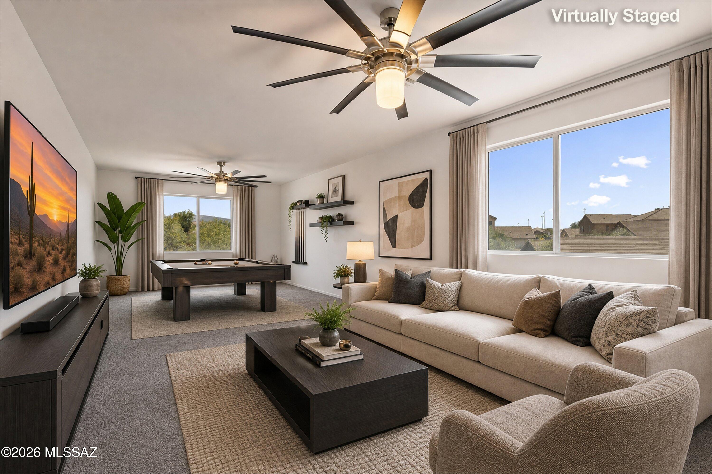 Interior is freshly painted and landscaping newly redone, come check out this beautiful home at the end of the cul-de-sac with a community park directly behind! The functional floor plan features a large front room ideal for an office or additional living area. A butler pantry and large walk-in pantry lead into the kitchen and main living area. Upstairs, double doors open to a HUGE bonus room with endless possibilities- a game room, media room, or hobby room. The expansive primary suite is separated from the three additional bedrooms. The backyard features an extended patio, pavers, turf, and a mature lemon tree. Located in the award winning Vail Unified School District, this house is sure to have something for everyone