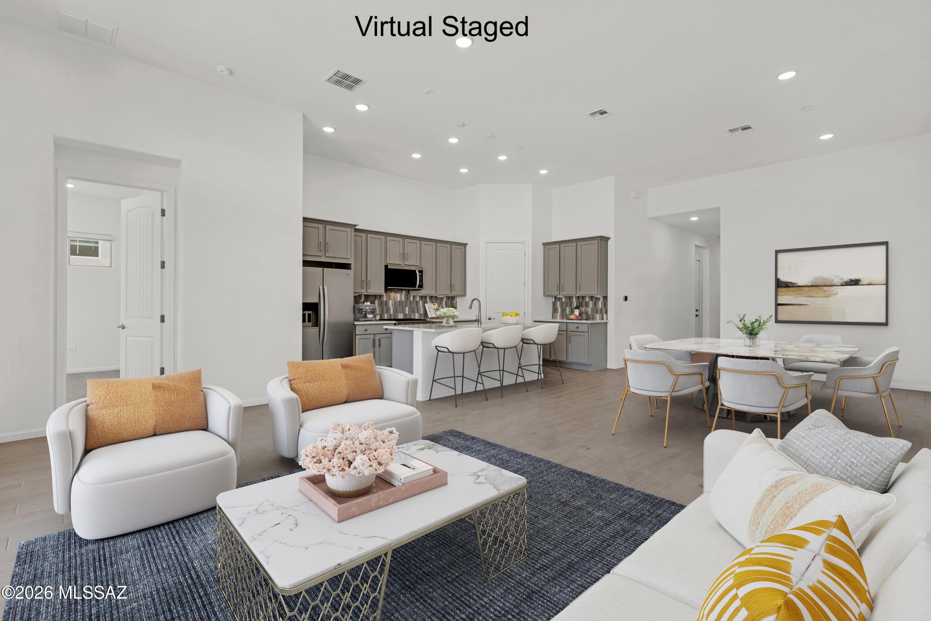 Ginger floorplan with Ranch elevation. Thoughtfully designed home offers 3 bedrooms, 2 full baths and convenient Stop-n-Drop area just off the 3-car tandem garage, making organization a breeze. The Owner's suite is a sanctuary featuring huge walk-in closet, linen closet for extra storage, beautifully tiled walk-in shower & vanity with twin sinks. The kitchen is equipped with a gas range, quartz countertops, 42'' upper cabinets for ample storage, a center island that's perfect for meal preparation and a walk-in pantry for all your culinary essentials. Step outside to the covered patio making outdoor entertaining a delight. Includes Washer/Dryer, Refrigerator & Blinds.