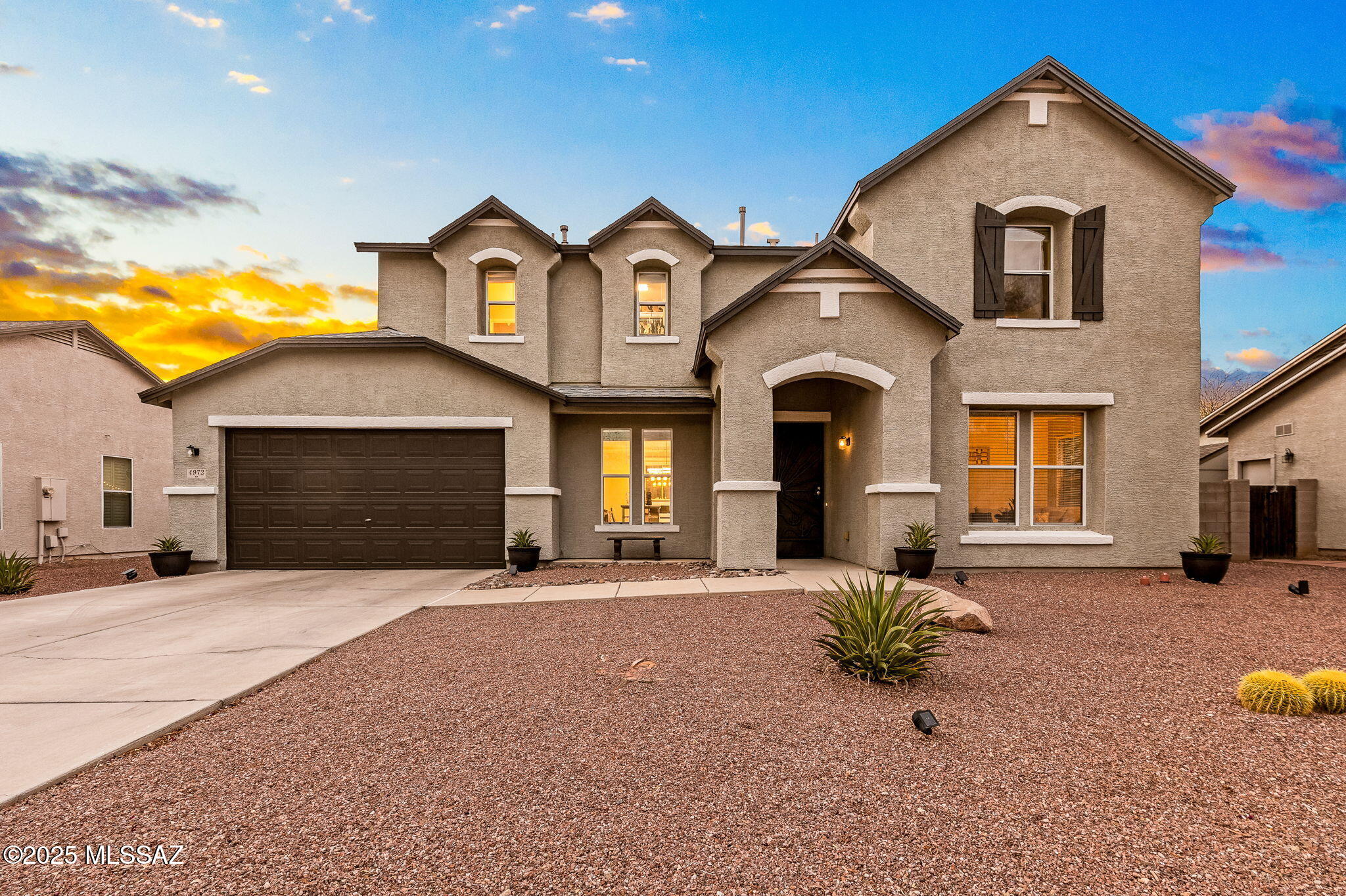 Discover this beautifully updated two story home offering a functional layout and modern finishes throughout. The open concept design connects the living dining and kitchen areas creating an inviting space for both daily living and entertaining. The kitchen features granite countertops vaulted ceilings and a spacious pantry. Full bathroom on the first floor as well as a den or home office, can easily be converted  into a bedroom to create multigenerational living. Upstairs includes additional generously sized bedrooms with ample closet space. Enjoy an expansive covered patio and a landscaped low maintenance backyard. Mountain views can be enjoyed from the backyard and upper level. Conveniently located near shopping dining and easy access to the I 10 freeway.