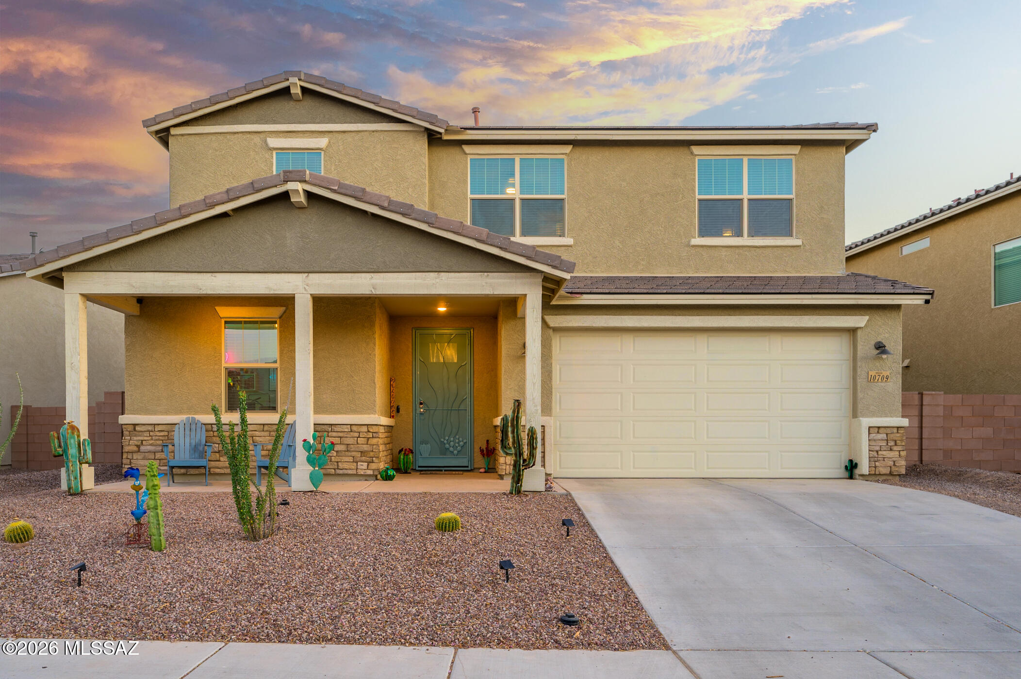 Range priced-Seller to counter/accept offers between $524,888-$549,888.00. Welcome to 10709 Whitehall Drive, where charm, comfort, and outdoor living come together in one beautifully maintained home. This spacious two-story residence offers 4 bedrooms, 3.5 bathrooms, and a versatile downstairs den, providing the flexibility today's buyers are looking for. From the moment you arrive, the inviting front porch and gorgeous farmhouse-inspired accents create a warm and welcoming first impression. Inside, you'll find luxury vinal flooring throughout the main level and plush carpet upstairs that has never been exposed to pets or shoes, reflecting the care this home has received over the years. The downstairs French-door den offers endless possibilities and can easily function as a home office, playroom, homeschool space, workout room, hobby areor additional living area tailored to your lifestyle. Step outside and discover an entertainer's dream backyard. The oversized yard features an above-ground pool, a pergola with a built-in bar area, and multiple spaces designed for gathering, relaxing, and enjoying Arizona's beautiful weather. Whether you're hosting weekend barbecues, cooling off in the pool, or unwinding under the pergola with friends and family, this backyard is ready to make memories. Located within walking distance of multiple parks, including Paws & Claws Dog Park, this home also places you just minutes from everything that makes Marana such a desirable place to live. Enjoy convenient access to Fry's Marketplace, new shops and dining options, scenic walking and biking trails, neighborhood splash pads, the Marana Aquatic & Recreation Center, and the many community amenities that continue to make this area one of Southern Arizona's fastest-growing destinations. Combining farmhouse charm, flexible living spaces, a fantastic backyard, and an unbeatable location, 10709 Whitehall Drive offers the lifestyle you've been searching for.