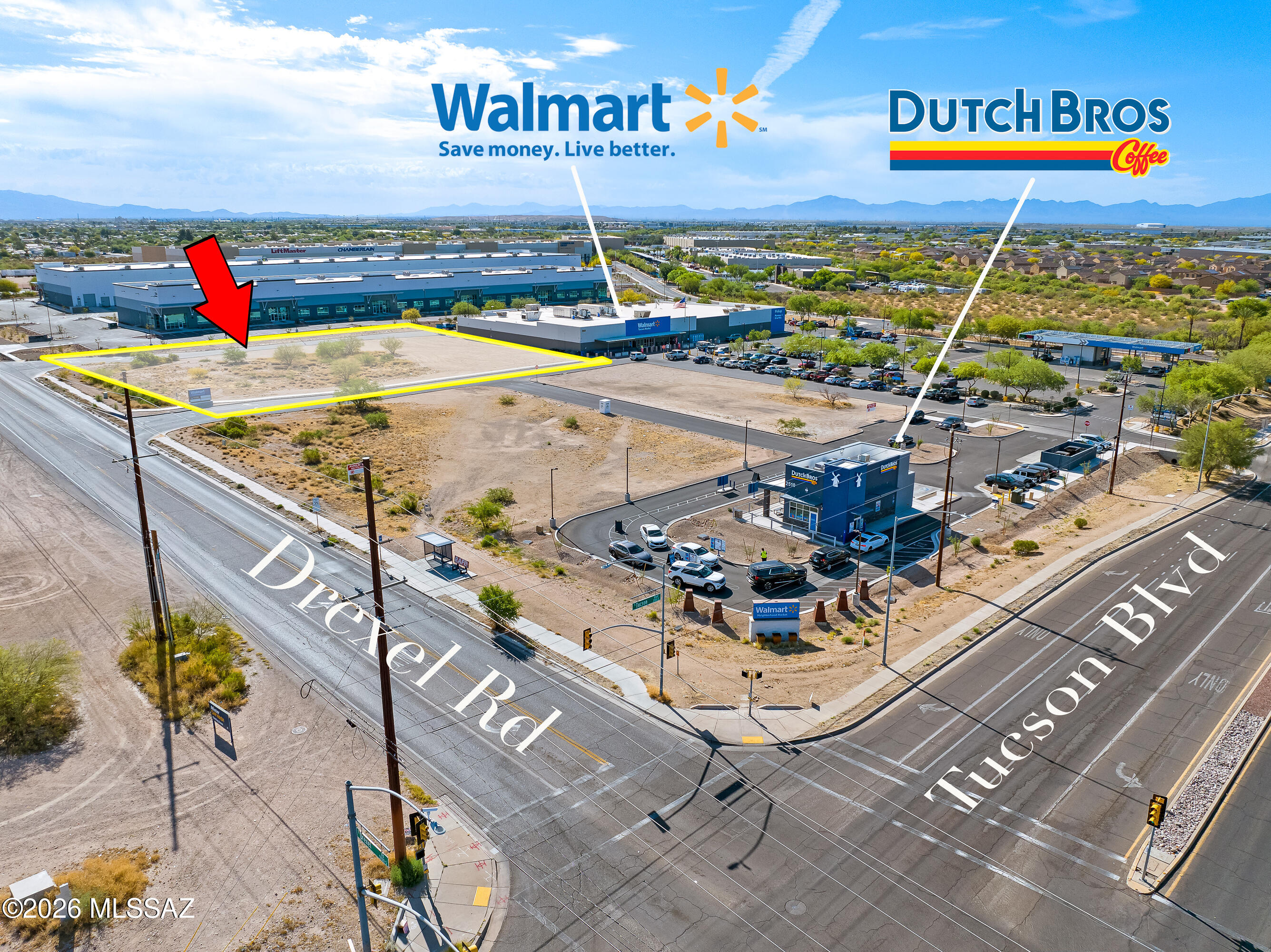 Prime ±1.78-acre commercial pad available in a high-traffic, Walmart Neighborhood Market-anchored shopping center in the heart of Tucson. Strategically located at the southeast corner of Tucson Blvd and Drexel Rd, this site offers exceptional visibility, access, and positioning within a rapidly growing trade area.
Zoned PI (Park Industrial), the property allows for a wide range of commercial uses, making it an ideal location for a car wash, multiple quick-service restaurants, or a retail strip center. Surrounded by established national retailers, including Walmart and Dutch Bros, the site benefits from consistent consumer traffic and strong brand synergy.
This prime location is situated within the Tucson International Airport corridor, which sees approximately 3.6 million travelers annually, and is supported by a robust daytime population driven by nearby office and industrial employment hubs.
Additional highlights include:
" Immediate proximity to dense residential neighborhoods and ongoing growth, including 156 new homes currently under construction 
" Near Sunnyside High School with approximately 2,400 students and 120 staff 
" ±1,800 workers within one block 
" Over 16,000 employees within a one-mile radius 
" Approximately 18,000 residents within one mile 
All utilities are available, offering a true shovel-ready opportunity in one of Tucson's most active commercial corridors.

Ask Broker for a detailed marketing package.