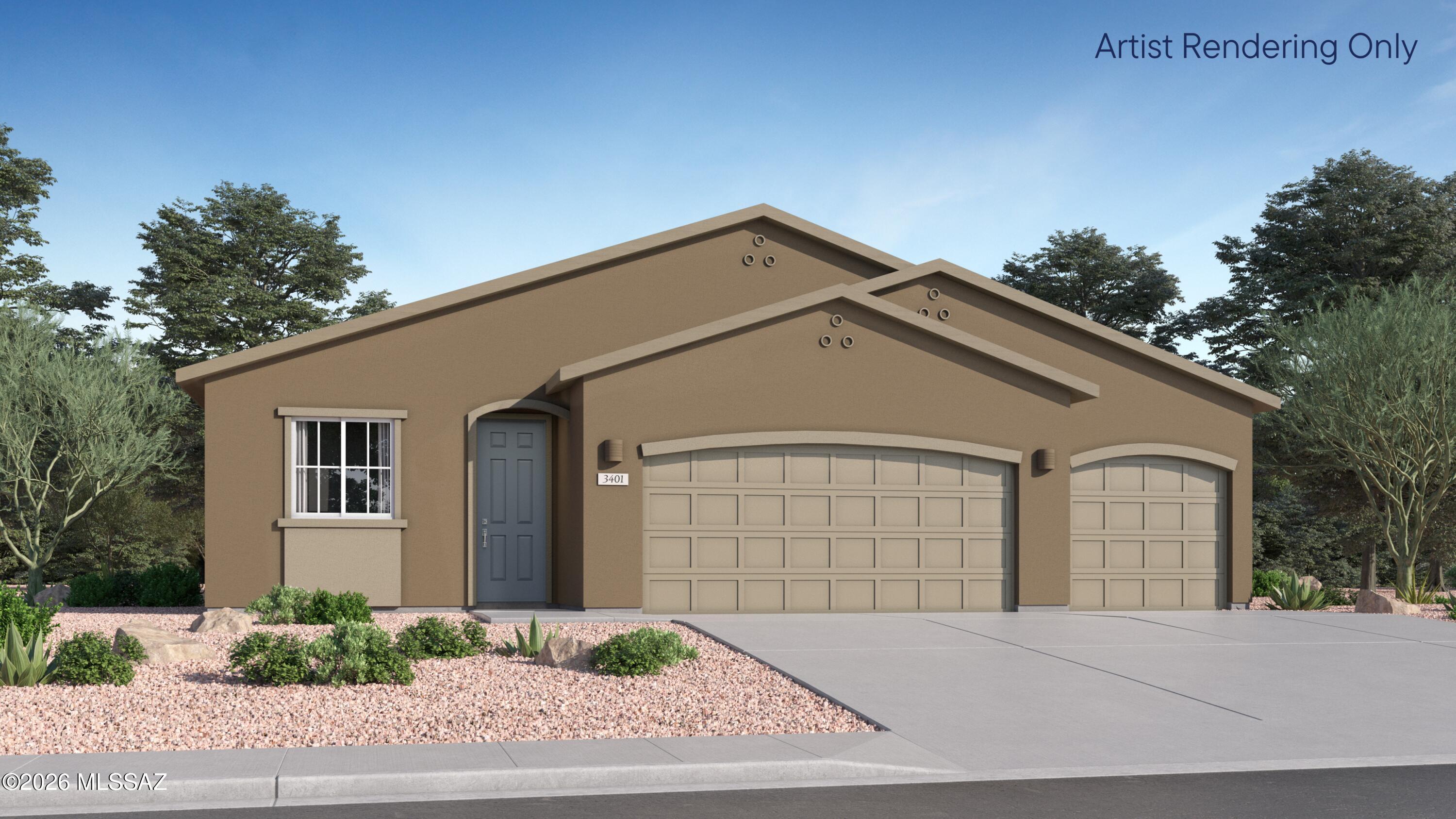 This new three-bedroom home offers a spacious and low-maintenance single-story layout. A convenient bedroom and full-sized bathroom are located upon entry, leading to an open-concept floorplan that blends the kitchen, dining room and family room with easy access to a covered patio. A luxurious owner's suite at the back of the home offers a tranquil retreat with access to a full bathroom complete with a dual-sink vanity.This home includes GE® stainless steel appliances, Rinnai Tankless Water Heater, Granite Countertops, Taexx® built-in pest control system, 2'' faux wood blinds, LED lighting and so much more! As an added bonus, this home comes complete with a washer and dryer! Don't miss this great opportunity to own a beautiful move-in ready home!