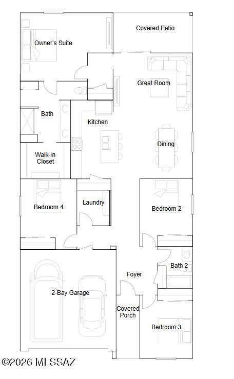 This new single-story home embraces modern family living with an open layout featuring a spacious Great Room that flows seamlessly into the kitchen and dining areas, creating the perfect backdrop for daily gatherings and entertaining. The private owner's suite offers a serene retreat complete with a walk-in closet, while three additional bedrooms provide comfortable spaces off the foyer. Step outside onto an inviting covered patio for year-round indoor-outdoor relaxation. Our homes come with Quartz Countertops, the Rinnai Tankless Water Heaters, Smart Thermostats, Post-Tension Foundation, Radiant barrier roof decking, 2'' Faux Wood Blinds and more! As an added bonus, this home includes a washer and dryer