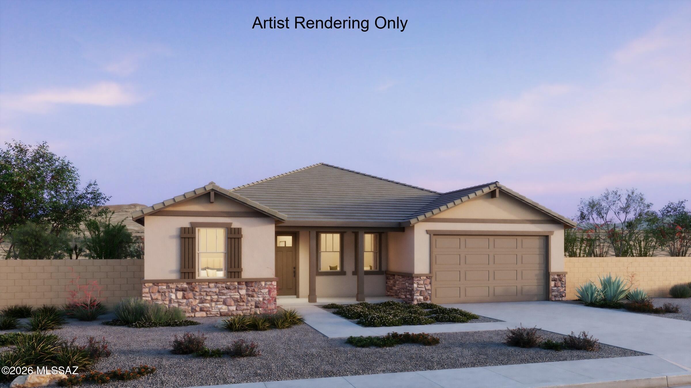 Currant plan with Ranch elevation. This beautiful new floorplan features open Greatroom concept with where the heart of your home seamlessly blends the living, dining, and kitchen areas. The kitchen boasts refrigerator, gas range, quartz counters, center island & spacious walk-in pantry. Owner's suite features walk-in closet, vanity with twin sinks, linen closet & tiled walk-in shower. Convenient Flex room provides space for homework, crafts, playroom or whatever fits your lifestyle. Enjoy the pleasure of outdoor gatherings on the covered back patio which includes a gas BBQ stub-out. Includes 8' interior doors, Tankless water heater, faux wood blinds.