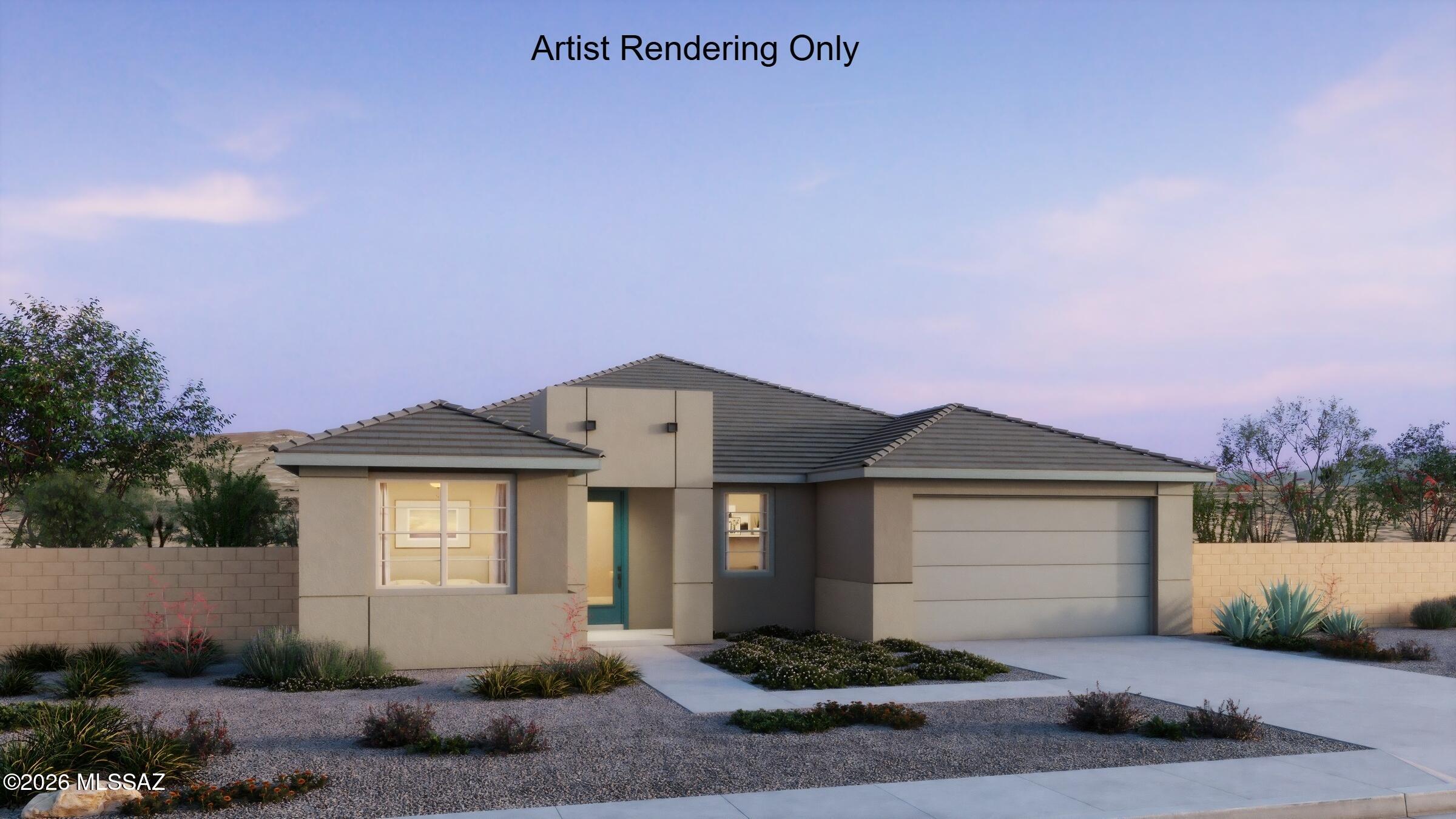 Currant plan w Desert Modern elevation. This beautiful new floorplan features open Greatroom concept with where the heart of your home seamlessly blends the living, dining, and kitchen areas.  The kitchen boasts gas cooktop, granite counters, center island & spacious walk-in pantry. Owner's suite features huge walk-in closet, vanity with twin sinks, linen closet & tiled walk-in shower. Enclosed study provides space for studying, reading, homework or hobbies. Enjoy the pleasure of outdoor gatherings on the covered back patio which includes a gas BBQ stub-out. Additional features includes 8' interior doors, Tankless water heater, Whirlpool Refrigerator, Washer/Dryer, faux wood blinds!! Ready late May '26.