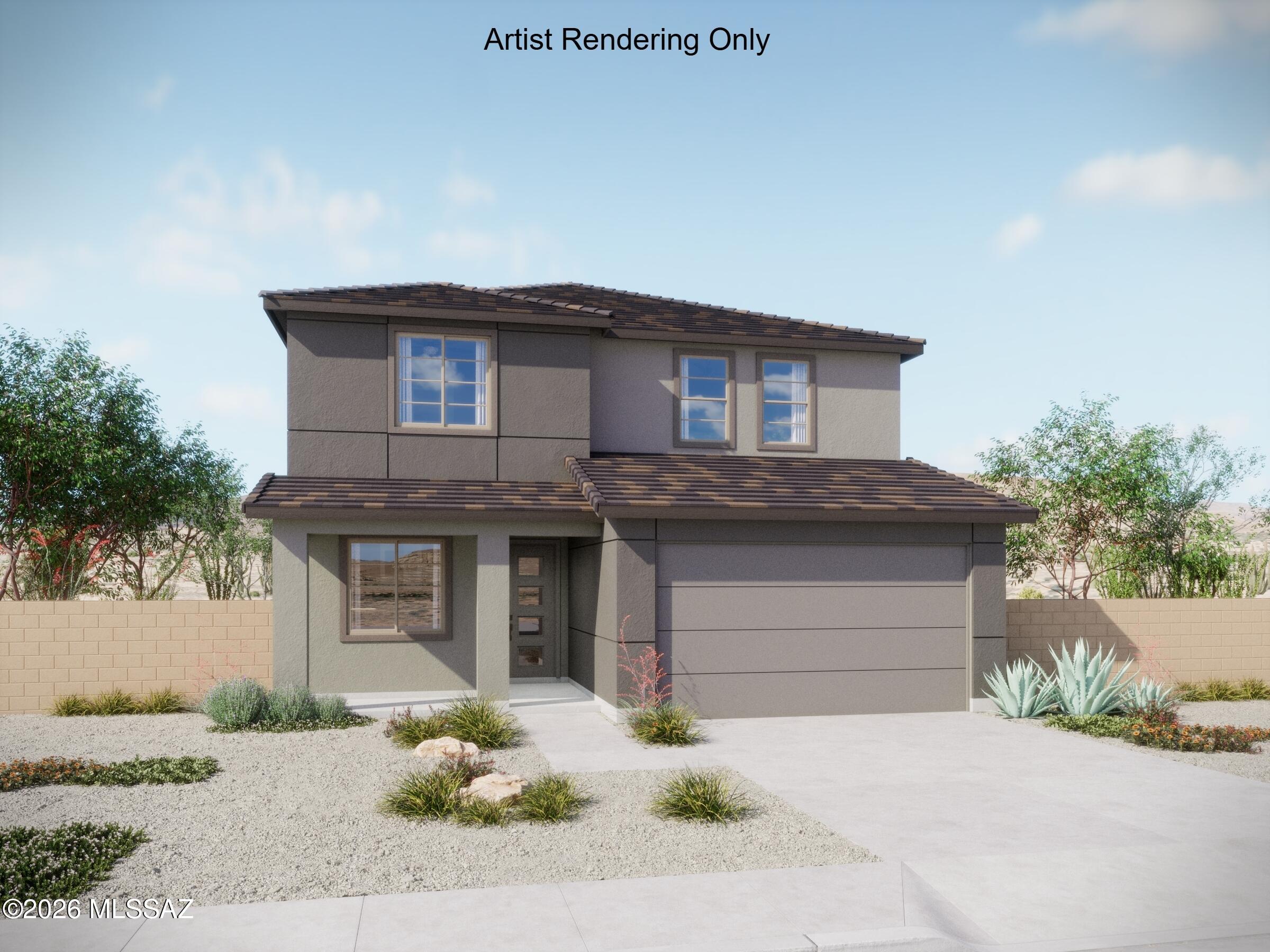 Sienna plan with Desert Modern elevation. Beautiful 2-story home has it all! The welcoming covered front porch adds a touch of charm and leads into the first floor with open Greatroom, dining/kitchen area as well as a Flex room and Den. The kitchen is a culinary haven with a roomy center island, gas range, quartz counters & walk-in pantry. Upstairs has Owner's Suite, versatile Loft area and 2 additional bedrooms & bath. The Owner's suite features an oversized walk-in closet, walk-in shower, linen closet & dual sinks. Includes refrigerator, washer/dryer & faux wood blinds.