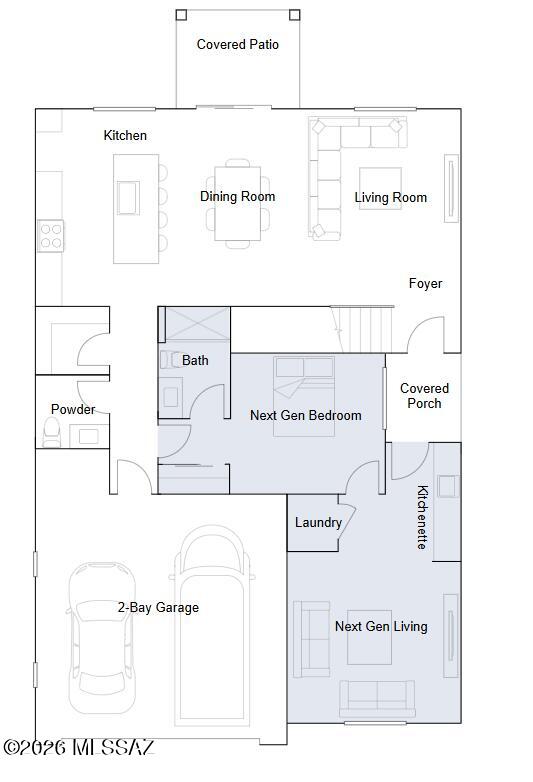 Experience the perfect blend of privacy and togetherness in this new two-story Next Gen® home. The first floor features an exclusive suite with its own living area, kitchenette and bedroom, ideal for multigenerational living and flexible lifestyles. The main living space offers an open-concept design flowing effortlessly out to the covered patio for seamless indoor-outdoor entertaining. Upstairs, a versatile loft provides additional shared living space. The second level also hosts the luxurious owner's suite and three additional bedrooms for a restful retreat away from the primary living area.
