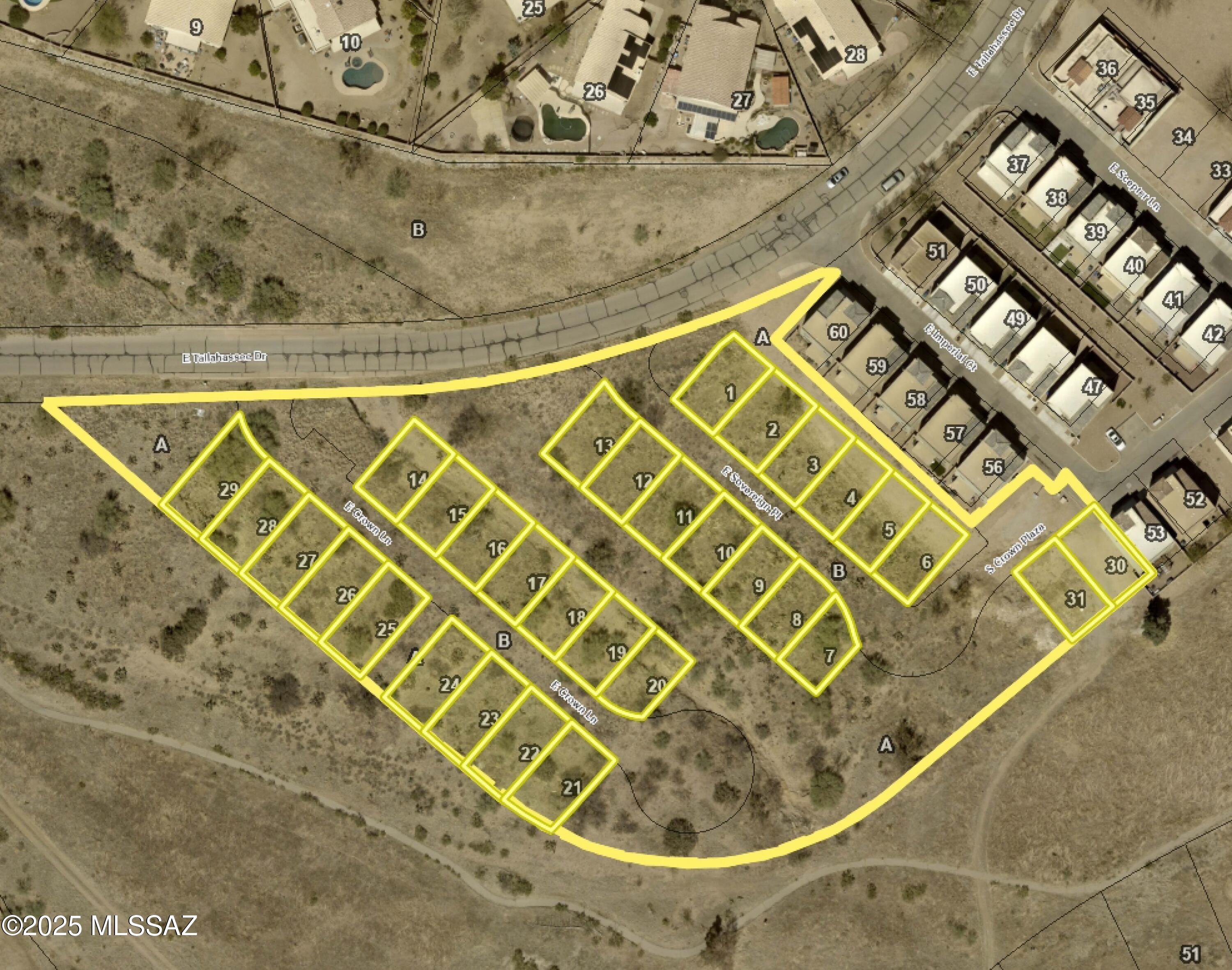 31 Platted lots. Lots are approximately 35' x 60'. Seller is willing to provide house plans for a 1500 sf home. The Villas at Santa Rita will be it's own HOA and is not a part of the Crown of Tucson Townhouses. It offers great views, the award winning Vail School District. It is near existing restaurants, a convenience store, and the Pima County Fairgrounds/Tucson Speedway. Buyer will be responsible for the costs of obtaining re-approval of the improvement plans and the 1500 sf house plan (if they choose to use the plan). This fantastic opportunity for a builder to purchase platted lots with home deliveries in 2026.