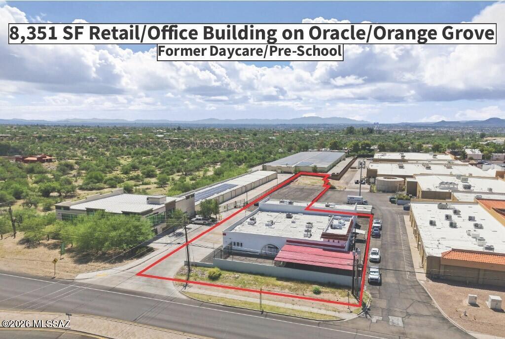 8,351 SF freestanding commercial building on 0.793 AC at Oracle & Orange Grove.
CB-1 zoning. Former daycare/preschool
with flexible interior layout suitable for a
variety of commercial uses, Brick Building constructed in 1974. 800-amp, 240V,
3-phase electrical service. High-visibility
location with access from Orange Grove Rd
and proximity to Oracle Rd. Property offers
owner-user, investment and adaptive-reuse potential.