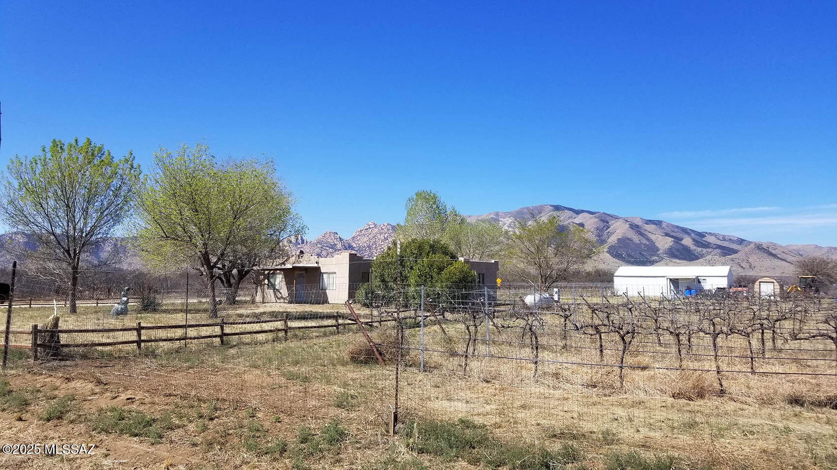 Charming 1950's built 2 bed 1 bath home on a former vineyard totaling 8 acres. Located on paved road near the Dragoon Mountains. Extraordinary potential with large mature trees, proven soil, irrigation infrastructure and awe-inspiring views of Cochise Stronghold. Features private well, 20 x 45' shop [w/ some wine making equipment], tractor & multiple outbuildings for storage. Recent cosmetic repairs done April '25. Corner access at paved Cochise Stronghold Rd. & Dream Catcher Way yields potential for commercial use or vacation rental. Property is maintained & has had recent irrigation repair work. Some vines are viable, most will need removal. Could be converted to orchard or other agricultural use. **Home could use interior finishing & renovation but qualifies for conventional financing.