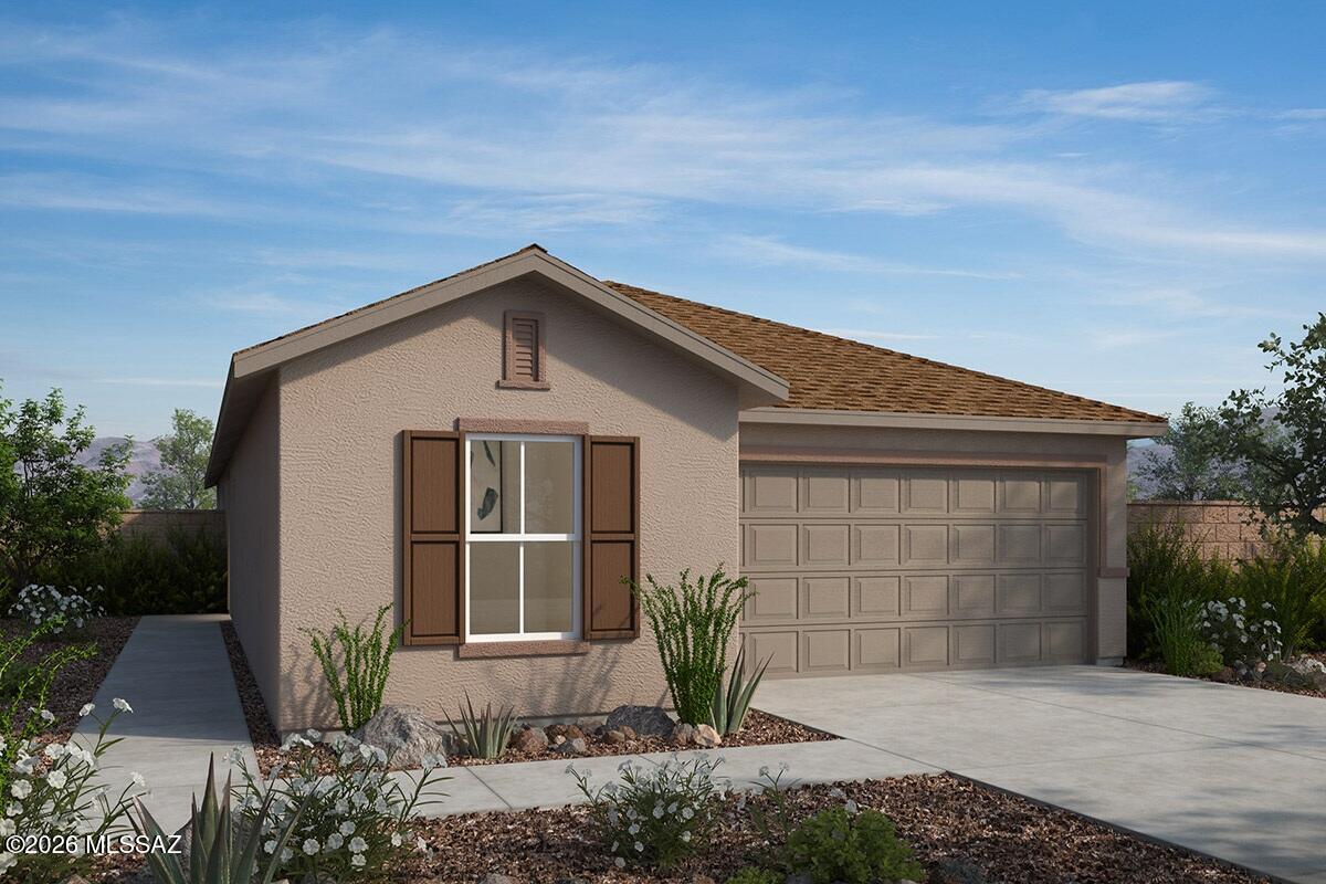 Located in a convenient, centrally located community, this 4-bedroom, single-story home features an open floor plan with airy 9-ft. ceilings and ceramic tile flooring throughout. Overlooking the great room, the kitchen showcases 42'' poplar upper cabinets providing ample storage, an island, pantry, and Whirlpool® stainless steel appliances. The primary bedroom suite boasts a spacious walk-in closet and adjoining bath with a dual-sink vanity and walk-in shower. Enjoy outdoor living on the covered patio, perfect for entertaining and unwinding. Price includes discount predicated on using seller's preferred lender KBHS. Property taxes are not available to date.