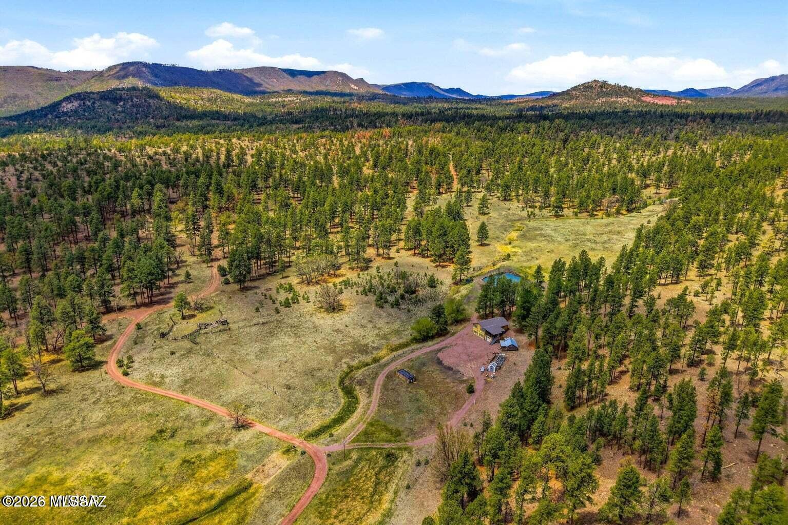 Tucked deep into the forest and bordering Apache-Sitgreaves National Forest, this private Alpine sanctuary offers breathtaking views, spring-fed water features, abundant wildlife, and unmatched seclusion. Tucked approximately two miles off the highway on a private road and bordering Apache-Sitgreaves National Forest, this extraordinary 4-acre Alpine retreat offers the ultimate in privacy, beauty, and intentional mountain living. Built in 2019, this unique 4-bedroom, 3-bath, 3,000 sq. ft. home was thoughtfully designed to maximize the breathtaking panoramic views, with the main living areas, kitchen, dining room, and living room positioned upstairs to capture the full beauty of the surrounding forest and mountain landscape. This peaceful property feels like its own private sanctuary, complete with a spring-fed pond stocked with fish, abundant wildlife including elk, deer, and turkey, and protected/restricted land nearby that cannot be built upon, helping preserve the incredible views. The home offers solar power for sustainable living, along with a unique cooling system that uses spring water instead of Freon. A 100-year-old hunting cabin adds charm and history, with potential for storage or future guest-house use.
Inside, the home is open, spacious, and filled with natural light from large beautiful windows. Features include dual-pane windows with blinds, a wood-burning stove, beautiful flooring, oversized closets with organizers, a walk-in shower, formal dining room, large utility room with a separate folding area, and a modern kitchen with double ovens, dishwasher, microwave, refrigerator/freezer, and a large pantry. A custom elevator provides convenient access across multiple levels, adding comfort and functionality to this thoughtfully built home.
The level homesite offers plenty of room for vehicles, trailers, tractors, and mountain toys, along with an attached garage, outdoor garden area with planters, and a huge covered second-story deck perfect for afternoon barbecues, morning coffee, wildlife watching, and soaking in the million-dollar views.
Located just five miles outside of Alpine near the New Mexico border, this meticulously cared-for homestead offers rare seclusion with modern comforts. Alpine is known for world-class hunting and fishing, lakes, rivers, streams, hiking, biking, and outdoor adventure, with Sunrise Ski Resort a short distance away for year-round enjoyment. A truly one-of-a-kind White Mountains retreat for the buyer seeking privacy, views, wildlife, and a lifestyle unlike any other.