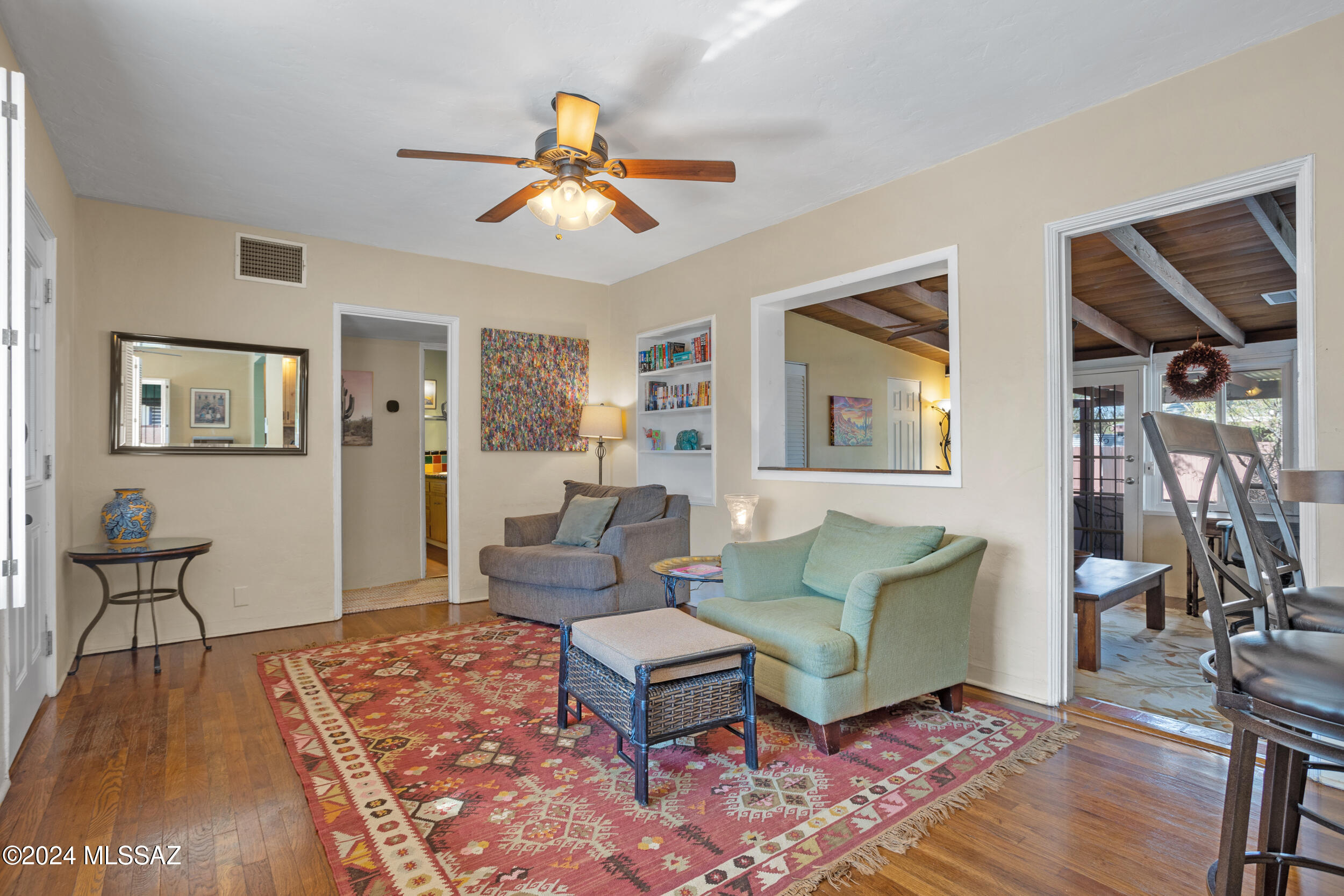Charming 2BD/2BA home + Guesthouse in historic Blenman Elm area. Corner lot, privacy wall, sparkling pool, & owned solar! Centrally located near Banner Hospital and U of A. Original wood floors. Remodeled primary bath features vanity, tiled floor & 4'x4' shower. Updated hall bath fixtures & colorful tile accents. Liv Rm picture window overlooks porch, courtyard, patio, & pool. Cozy Den has new dual pane windows & door to covered patio. New gas cooktop, SS kitchen appl., new windows & ext. doors. Newer washer, dryer, water heater, and mini-split HVACs. Leased soft water. Lg yard (might fit a new tiny home). Carport.
Guest House: Liv Rm, Din Rm, Kitchen, remodeled bath, newer split HVAC, washer/dryer, patio, off-street parking.
Tenant occupied. Do not Disturb.