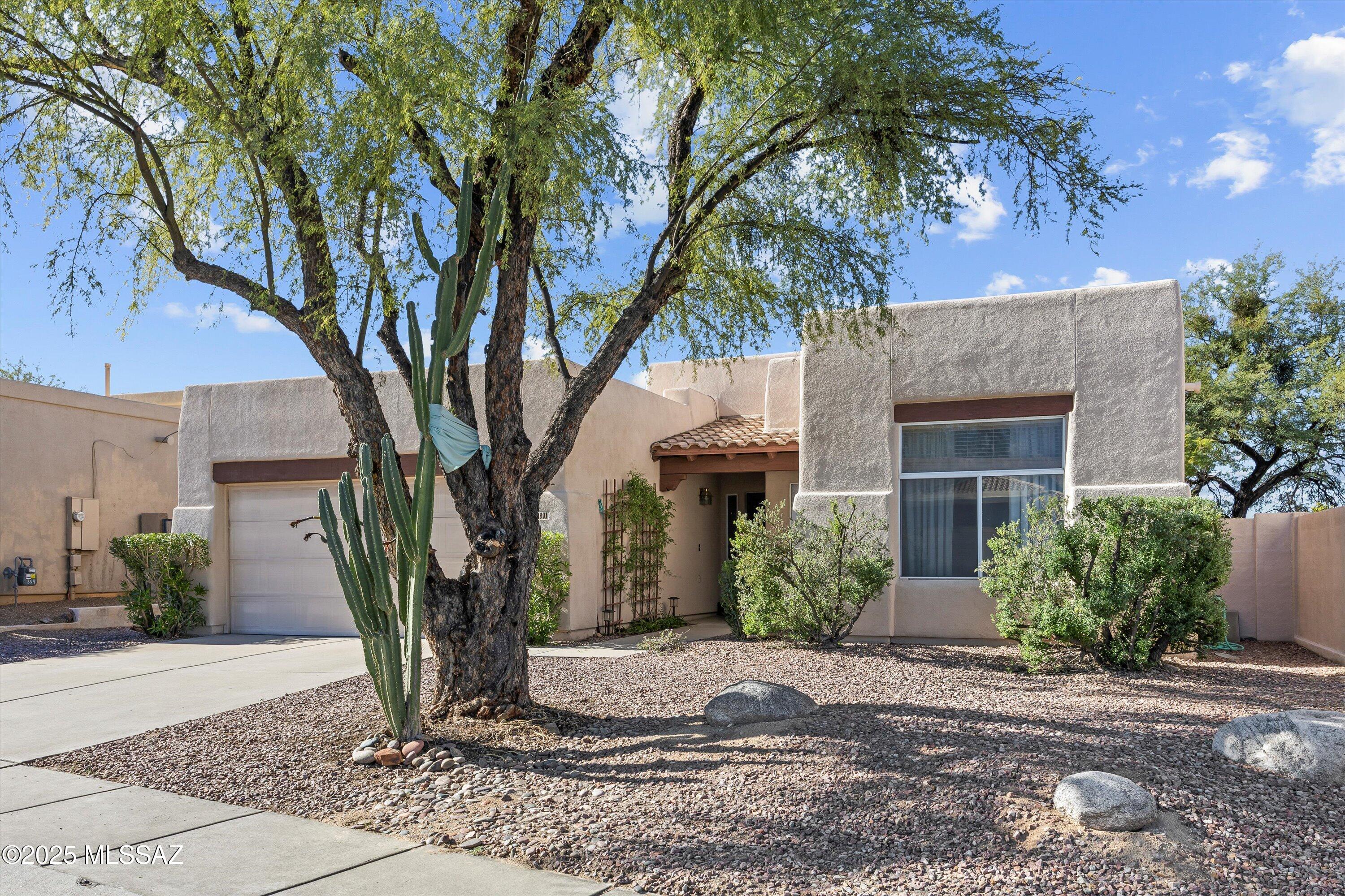 Welcome home to this charming property centrally located in Oro Valley's Catalina Shadows neighborhood.  This 3 BD/ 2 BA/ 1,697 Sq.Ft home offers an inviting split bedroom floorplan, family room, dining area & laundry room.  Kitchen has plenty of cabinet space, breakfast bar & pantry closet. Spacious primary suite has a separate shower, garden tub, double vanity & walk-in closet. Backyard features a covered patio, lush landscaping, grass & no neighbors behind the home. Convenient location near shopping, restaurants, schools, community parks & more.