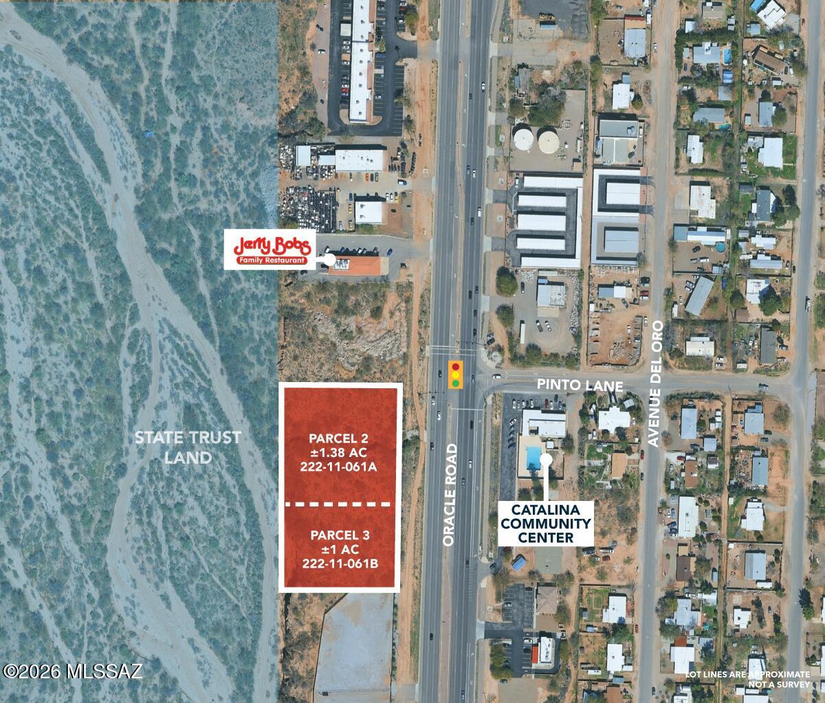 RARE ORACLE ROAD FRONTAGE -- +/- 2.3 ACRES, CB-2 ZONING (CATALINA, AZ)
Outstanding commercial development opportunity featuring 650+ ft of State Hwy 77 frontage in Catalina. 2.3 acres, CB-2 Commercial zoning, and all utilities available (Tucson Water, TEP, Pima County Sewer, Southwest Gas).
 Suitable for retail, auto/RV, self-storage, office, hospitality, contractor yard, and more.
Surrounded by Saddlebrooke, Saddlebrooke Ranch, Eagle Crest and other thriving communities with strong traffic counts.
Buyer to verify all information. Ask Broker for a detailed Marketing brochure with more information.