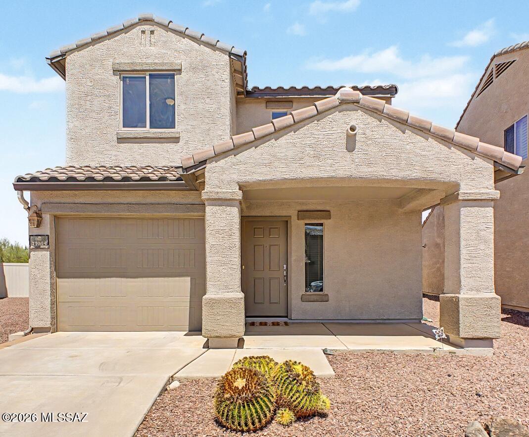 Welcome to one of the best values in Red Rock Village. This charming two-story home offers 2 bedrooms, 2.5 bathrooms, a 2-car tandem garage, and covered front porch.  Inside, the open floor plan features a soothing neutral palette, plush carpet, ceiling fans, window blinds, and tile flooring in the wet areas. The kitchen includes granite countertops, handsome cabinetry, recessed lighting, a pantry, and convenient patio access from the dining area. Lower level storage includes a ''Harry Potter closet'' Under the stairs.  Upstairs, both bedrooms offer ample closet space, while the private primary suite includes dual sinks.  Enjoy outdoor living in the under the covered patio with an extended paver patio, and plenty of room for a pool.  A great starter home for a first time home buyer.
