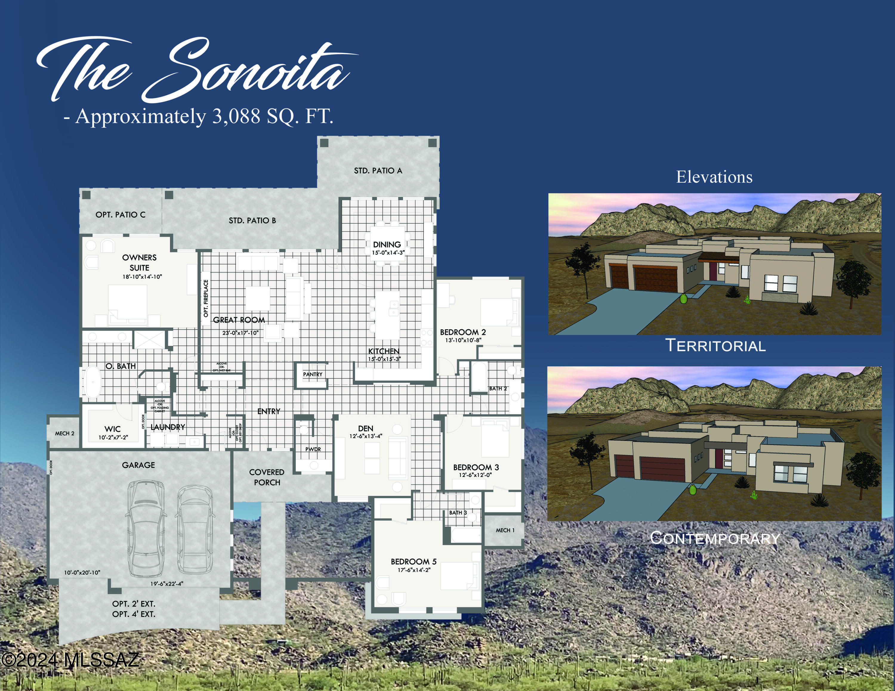 The Sonoita floorplan offers a 4 bedroom, 3 1/2 bath with a separate Casita entrance.  Open great room with wood ceilings, porcelain tile flooring throughout.