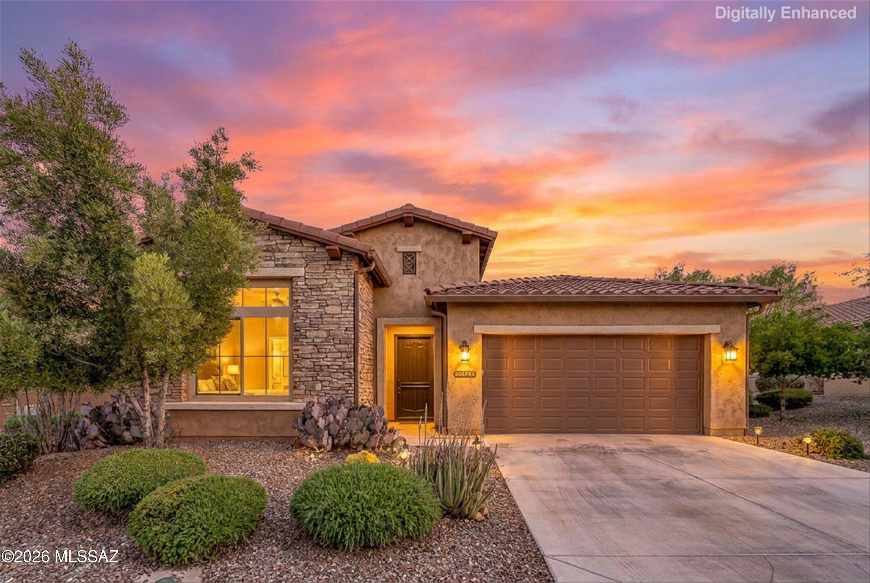 Enjoy easy living in this charming free-standing Lago Villa in SaddleBrooke Ranch. Offering 1,776 square feet, this home includes 2 bedrooms, 2 bathrooms, and a versatile den suited for a home office or additional guest space. Your guests will enjoy privacy in the guest room and bath. The Villa's open-concept centers around a bright great room with views of the covered patio and adjacent common area with easy access to the dining area and kitchen. Designed for both comfort and convenience, the kitchen offers quartz countertops, natural wood cabinetry, a pantry, and stainless-steel appliances, including a gas stove. The dining area shares the open layout and captures views of the patio and nearby common area. The primary suite is generously sized and includes a large tile walk-in shower, dual vanities, and a walk-in closet. Wood-look tile in the main living areas, a convenient laundry room, and an extended garage with epoxy flooring add everyday comfort. Outside, the covered paver patio with electric rolling screens provides a relaxing setting for year-round enjoyment. This lovely SaddleBrooke Ranch villa is ideal for easy lock-and-leave living.