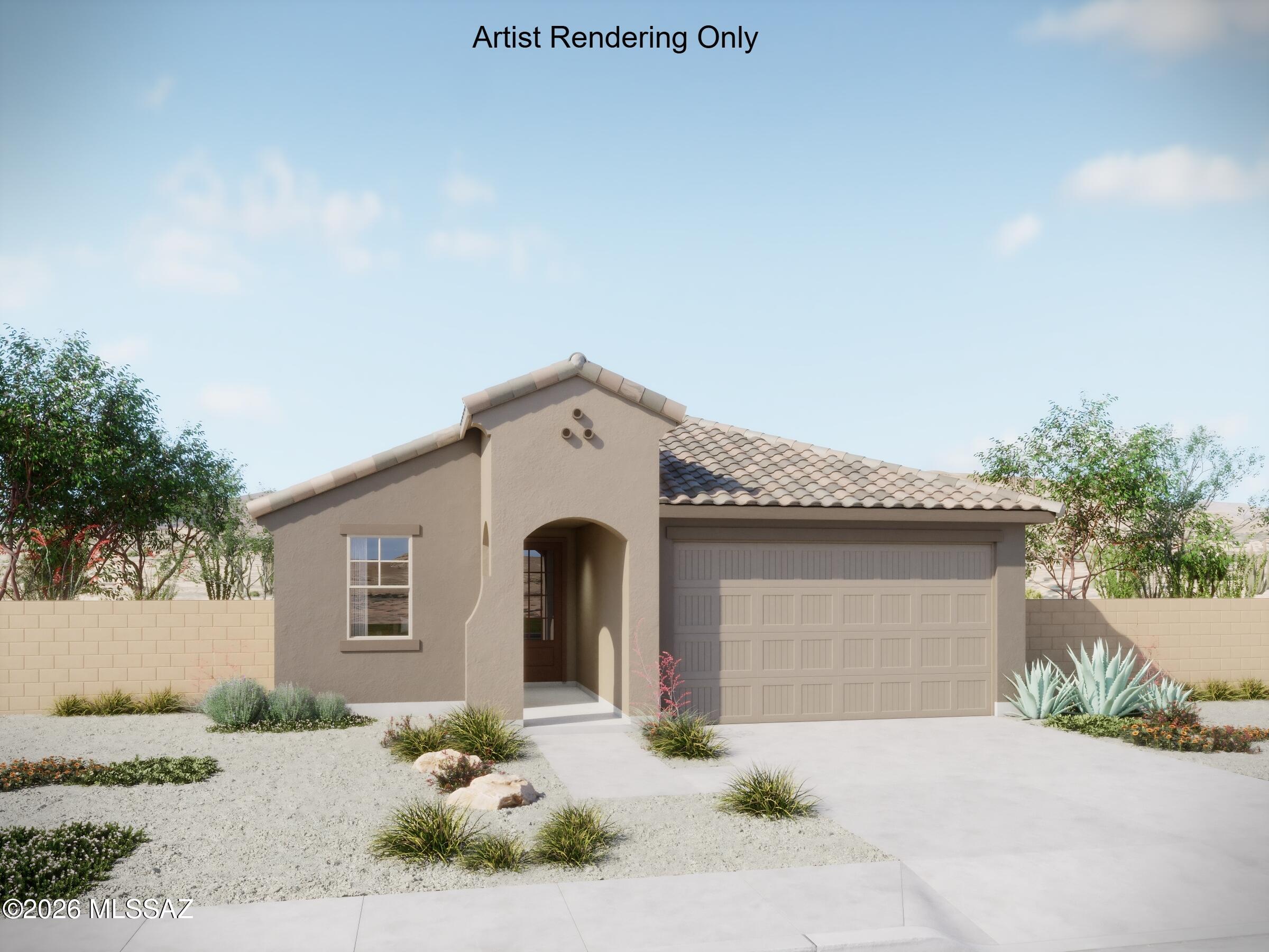 Charming Brandy floorplan with Spanish elevation offers 3 bedrooms, 2 full baths, open Greatroom/Dining/Kitchen area. Kitchen features refrigerator, center island, quartz counters & oversized walk-in pantry. Owner's suite features huge walk-in closet, dual sinks, linen closet, walk-in shower and a view to the backyard. Includes 8' interior doors, LED disk lights and Washer/Dryer & window blinds. Includes Backyard landscaping.