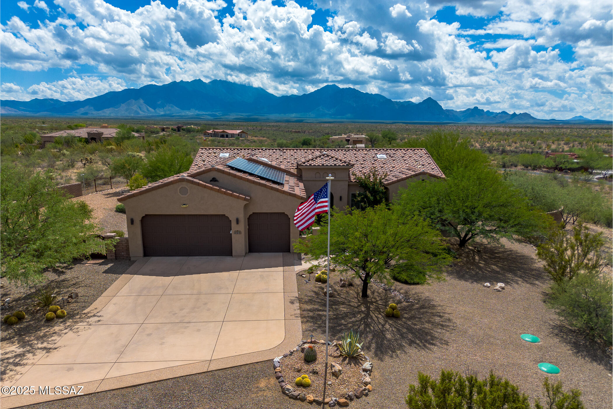 Spectacular 360 Views. Absolute Privacy on a 2.7 acre cul-de-sac. Superior amenities embody this custom Dorn built home in the distinguished, gated community of Colonia Real. A ''wall of windows'' across the east-facing great room perfectly frames dramatic sunrises, rainbows, monsoon storms over the Santa Rita's and Elephant Head. 10ft ceilings, knotty alder cabinetry, quartz counters, plantation shutters and new Anderson windows and doors are seen throughout this solar powered three-bedroom, den 2.5 bath home. A new HVAC system with a smart thermostat assures energy efficiency 24/7. The extended 3.-car garage with a heightened 8' door easily holds a large, heavy-duty truck leaving plenty of space to walk/work around it, park another vehicle and use the additional bay as a workshop The nearby pickleball courts are part of Green Valley Recreation. Membership to this organization can be purchased. An extensive list of improvements indicates Pride of Ownership, guarantees indisputable comfort and creates a stress-free, relaxing lifestyle.