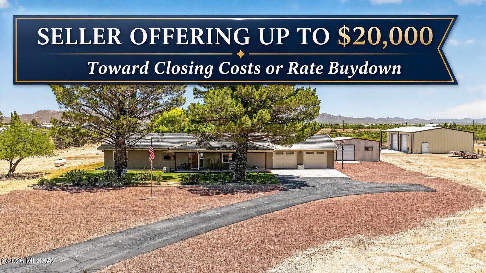 $20,000 SELLER CONCESSION! Use towards buyer closing costs and/or an interest-rate buydown. Spectacular 17-acre Willcox retreat with mountain views, custom home, 50x40 insulated shop with 10,000-lb Challenger lift, RV parking with hookups, and 13 total parking spaces. Highlights include a 2023 tile roof and seamless gutters, Cambria quartz counters, solid wood cabinetry, 6-burner propane cooktop, French-door refrigerator, custom shutters, 2026 carpet in the primary bedroom and living room, and a European-style walk-in shower. Enjoy two covered porches, shaded patio with fans/TV, fruit trees, automatic sprinklers, lighted batting cage, 25x25 workout building, and insulated office. Move-in ready! One-year home warranty. Owner/Agent- Seller is Licensed Real Estate Agent in AZ. BUYER INCENTIVE
Seller is offering up to $20,000 toward buyer closing costs and/or an interest-rate buydown, subject to lender approval. This incentive may help reduce the buyer's upfront expenses or monthly mortgage payment.

17-ACRE PROPERTY
Enjoy wide-open space, mountain views, extensive parking, multiple specialty buildings, RV accommodations, mature landscaping, and room for recreation, hobbies, vehicles, equipment, animals, or home-based business needs.

KITCHEN & LIVING
The kitchen features Cambria quartz countertops, a large island with electrical outlets, pendant lighting, solid wood cabinetry, a Kenmore Elite 6-burner propane cooktop, stainless steel hood, French-door refrigerator, and Kohler 60/40 deep-pot sink. Built-in bookshelves, custom wood shutters, and 9-foot ceilings create a spacious and welcoming interior.

PRIMARY SUITE & BATHROOMS
The primary bathroom offers a European-style doorless tiled shower with built-in niches, rain showerhead, and handheld sprayer. The hall bathroom includes dual sinks and a professionally refinished tub and shower with durable resin coating.

OUTDOOR LIVING
The west-facing home provides afternoon shade across the backyard and covered patio. Outdoor features include ceiling fans, TV hookup, manicured grass, automatic sprinklers, mature cypress and fruit trees, raised garden beds, block fencing, and steel gates. Two covered porches provide additional outdoor living space.

50x40 INSULATED SHOP
A standout feature of the property, the shop includes a 6-inch concrete slab, spray-foam insulation, 200-amp electrical service, 30 LED lights, two 12x12 roll-up doors, plumbed compressed-air system with 60-gallon compressor, commercial utility sink, water heater, half bathroom, and a 10,000-lb Challenger two-post vehicle lift.

RV PARKING & HOOKUPS
Covered RV parking includes 50-amp electrical service, 110V power, and water connections.

WORKOUT BUILDING & OFFICE
The separate 25x25 insulated workout facility includes mini-split heating and cooling, padded flooring, and TV hookup. The 10x16 insulated office features luxury vinyl plank flooring and loft storage, providing excellent space for remote work, hobbies, or additional storage.

LIGHTED BATTING CAGE
The professional-style 16x55 outdoor batting cage features a steel frame and LED lighting for evening practice.

PARKING & GARAGE
The property offers 13 total parking spaces, including seven covered spaces and six uncovered concrete spaces. The attached 28x31 two-car garage is insulated, drywalled, and finished, with two 10x7 electric garage doors.

ADDITIONAL INFORMATION
The home includes a newer 2023 tile roof with seamless gutters, 2026 carpet in the primary bedroom and living room, and a one-year home warranty. Propane tank is rented from Cochise Farmers Association. Seller is a licensed real estate agent in Arizona.