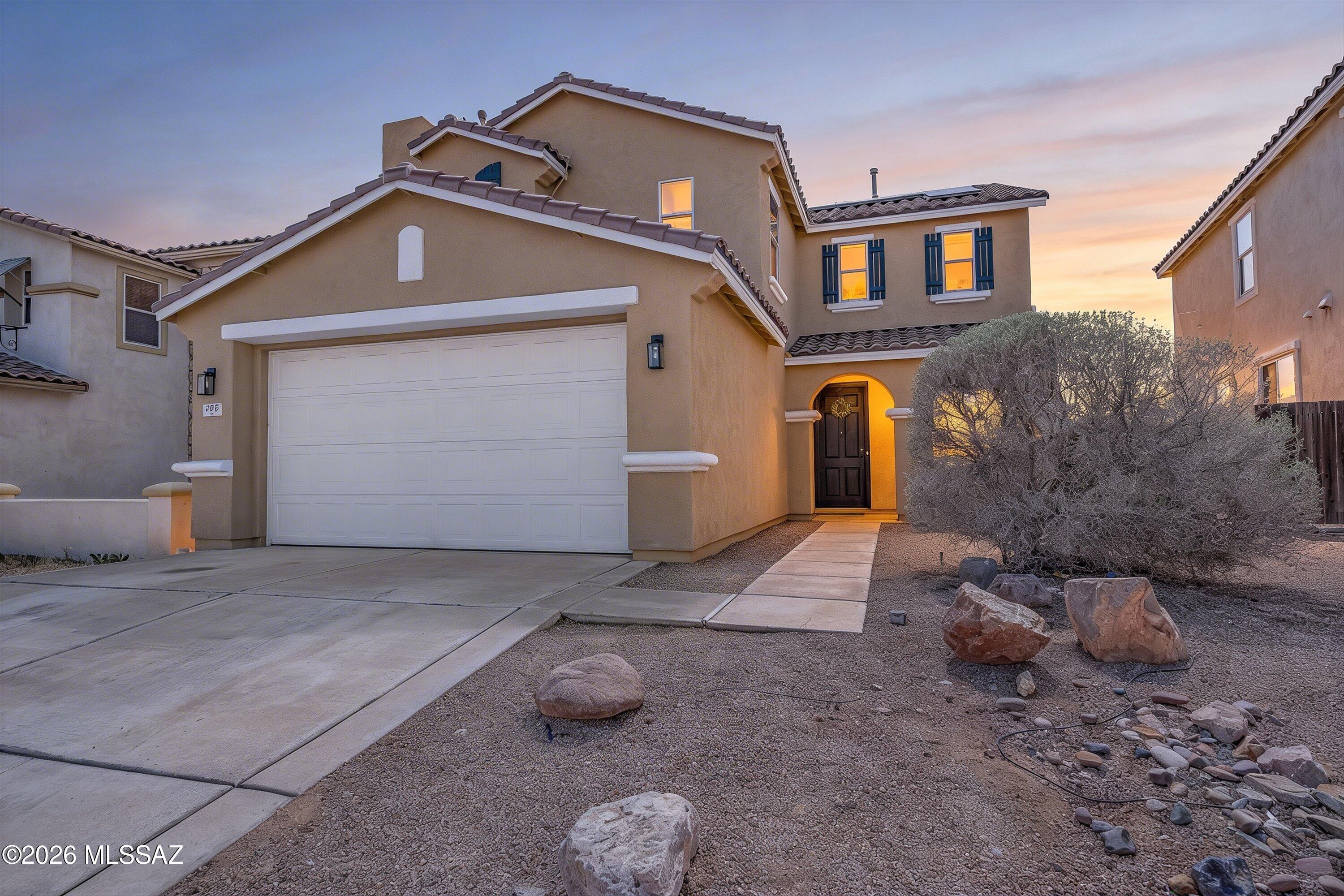 Welcome to this fully renovated home in the award-winning community of Rancho Sahuarita, offering incredible amenities including multiple pools, a state-of-the-art fitness center, lake, dog parks, schools, shopping, and more, all just moments away.

This home combines style and efficiency with owned solar panels and an Enphase solar battery storage system, helping reduce utility costs while providing backup power and energy independence.

Inside, you'll find thoughtful updates throughout, including neutral flooring, fresh paint, and two new HVAC units. A Tuff Shed conveys with the property, adding valuable extra storage. The flexible floor plan offers a versatile front living space perfect for a home office, playroom, gym, or second living area. The heart of the home is the inviting living, dining, and kitchen space, featuring blonde oak cabinetry, olive green lower cabinets, white quartz countertops, subway tile backsplash, stainless appliances, gas stove, and deep storage drawers--perfect for everyday living and entertaining.
A downstairs bedroom and full bath add convenience and flexibility, while upstairs you'll find a spacious loft and upstairs laundry for everyday ease.

The primary suite is impressively scaled, offering a true retreat with a well-appointed en suite featuring a soaking tub, beautifully tiled walk-in shower, dual vanities, and a generously sized walk-in closet designed to accommodate it all. All bathrooms throughout the home have been thoughtfully renovated with modern finishes.

With its prime location, extensive upgrades, and energy-efficient features, this home offers exceptional value!