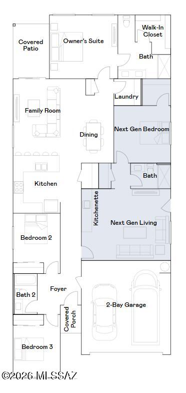 A Next Gen® single-story plan, this spacious home features an attached private suite with its own living area, kitchenette, bedroom and bathroom. In the main home is an open-concept living space that flows out to a covered patio, along with a total of three bedrooms. The owner's suite is tucked away in the back and enjoys a convenient bathroom and walk-in closet. This home includes GE® stainless steal appliances, Rinnai Tankless Water Heater, prep for reverse osmosis, Quartz Countertops, 2'' faux wood blinds, LED lighting and so much more! As an added bonus, this home includes a washer and dryer - move-in ready and waiting for you!