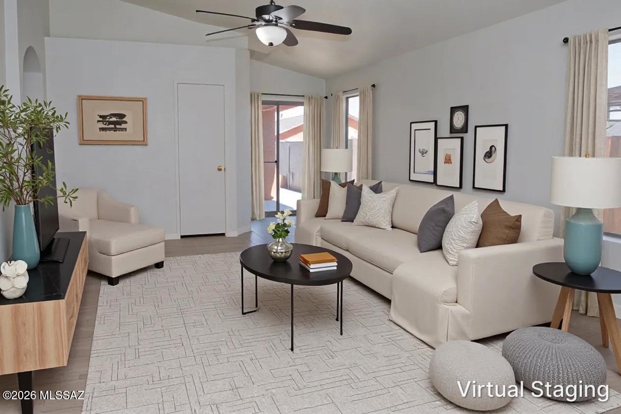 Welcome home to this charming 3-bedroom, 2-bath residence in the desirable Tres Pueblos community. Featuring a spacious 2-car garage, this well-maintained home offers durable tile flooring throughout, making upkeep a breeze. The inviting living room showcases vaulted ceilings that create an open, airy feel, while fresh interior paint adds a clean, modern touch. Enjoy morning coffee on the covered porch or entertain in the ample backyard with plenty of room to relax and play. Conveniently located and move-in ready, this home is a fantastic opportunity you will not want to miss! The HV/AC was recently serviced, and the Roof is under warranty!