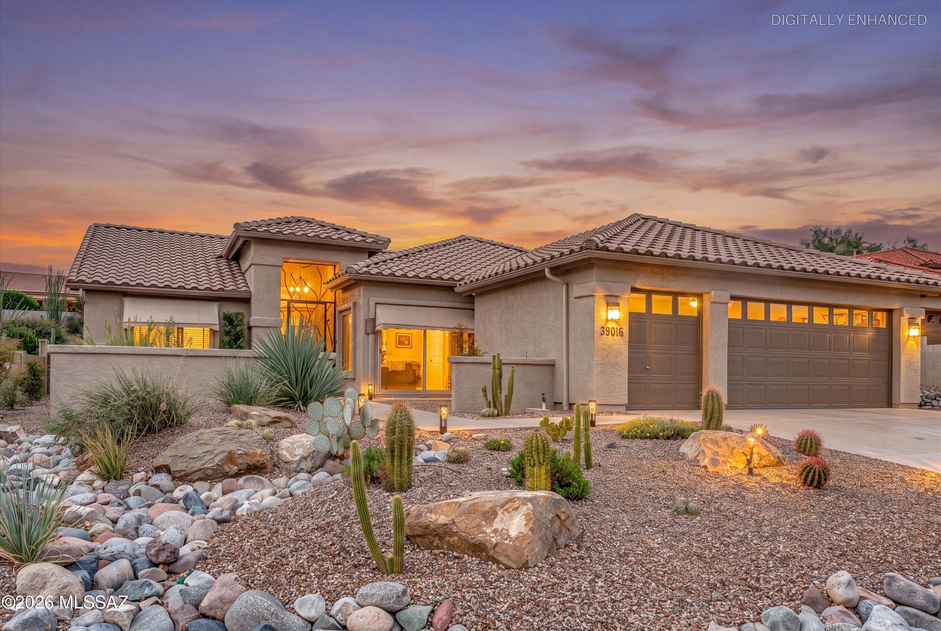 Welcome to this beautiful Laredo model, featuring a split-bedroom layout with two bedrooms, two baths, and a convenient den/office. Warm Pergo flooring leads into the spacious great room, which includes a dining area and easy access to the Arizona room--ideal for entertaining. The island kitchen features a large pass-through, generous storage, expanded cabinetry with a pantry and stainless steel appliances. An adjoining sun-filled nook/morning room opens through a sliding glass door to the front patio. The owner's retreat offers sliding-door access to the Arizona room and backyard, plus an en-suite bath with an upgraded executive-height double vanity, a step-in tiled shower, and a walk-in closet. A private guest bedroom and bath provide comfort for visitors, while the versatile den is well suited for work, hobbies, or relaxation. The Arizona room and spacious backyard offer inviting spaces to relax, entertain, and enjoy the SaddleBrooke lifestyle.