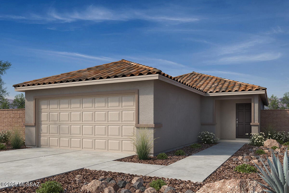 This charming, single-story home showcases an open floor plan with 9-ft ceilings and ceramic tile flooring. Overlooking the great room, the kitchen boasts gray cabinets, upgraded backsplash, a peninsula, pantry and Whirlpool® stainless steel appliances, including an electric range and dishwasher. The primary bedroom features a walk-in closet and connecting bath with a dual-sink vanity and walk-in closet. Additional highlights include a two-car garage, entry coat closet and hall linen closet. Outdoors, the covered back patio offers views of the Santa Catalina Mountains. Price includes discount predicated on using seller's preferred lender KBHS.