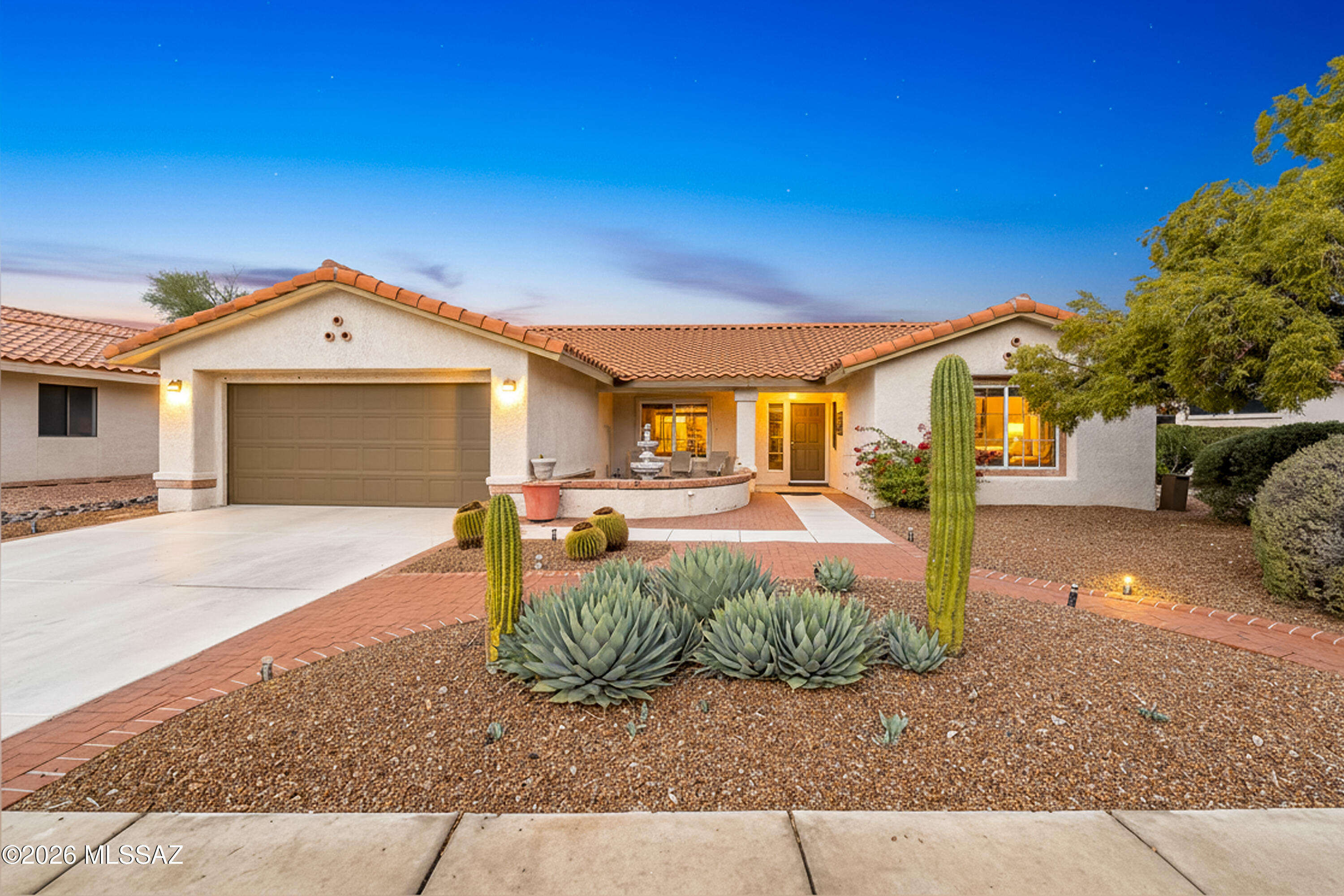 Thoughtful Del Webb Sabino model w/roomy great room w/abundant natural light & mtn views. Located in desirable Sun City Vistoso 55+ community designed for comfortable retirement living. Well-appointed w/freshly painted interior featuring two spacious bdrms plus a dedicated office/hobby room. Inviting kitchen offers SS appliances, ample storage & roomy dining nook overlooking the backyard. Situated on a large lot, enjoy exceptional outdoor living- nice courtyard entry w/covered front patio, tranquil fountain & peaceful, private back patio. Move-in ready w/newer roof, hvac & water heater. Enjoy all the great resort style amenities w/access to a recreation center w/daily activities, fitness facilities, Golf, Pickleball, Pools, clubs & social events offering an active & vibrant lifestyle!