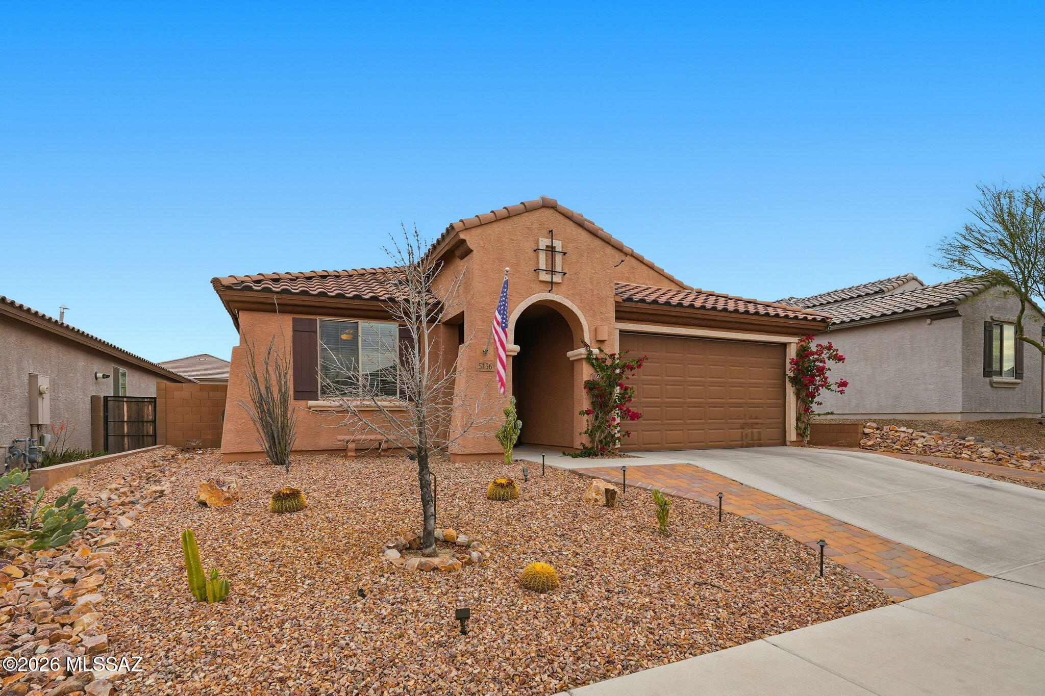 Beautifully maintained 3-bed, 2-bath Barletta model with a den and mountain views from the front office/den, set on a quiet cul-de-sac. This house features double-pane windows, smart thermostat, instant hot water, and a durable tile roof. The kitchen offers granite counters, stainless appliances, gas range, walk-in pantry, and a spacious island. A split bedroom plan enhances privacy, with a serene primary suite featuring a walk-in closet, a double vanity and walk-in shower. Outdoors, enjoy low-care desert landscaping with pavers, lighting, and drip systems. The backyard includes artificial turf, a covered patio, and a fully fenced yard. A 2-car plus golf-cart tandem garage provides flexible space for storage, a workshop, or a future golcart in addition to parking your 2 cars.