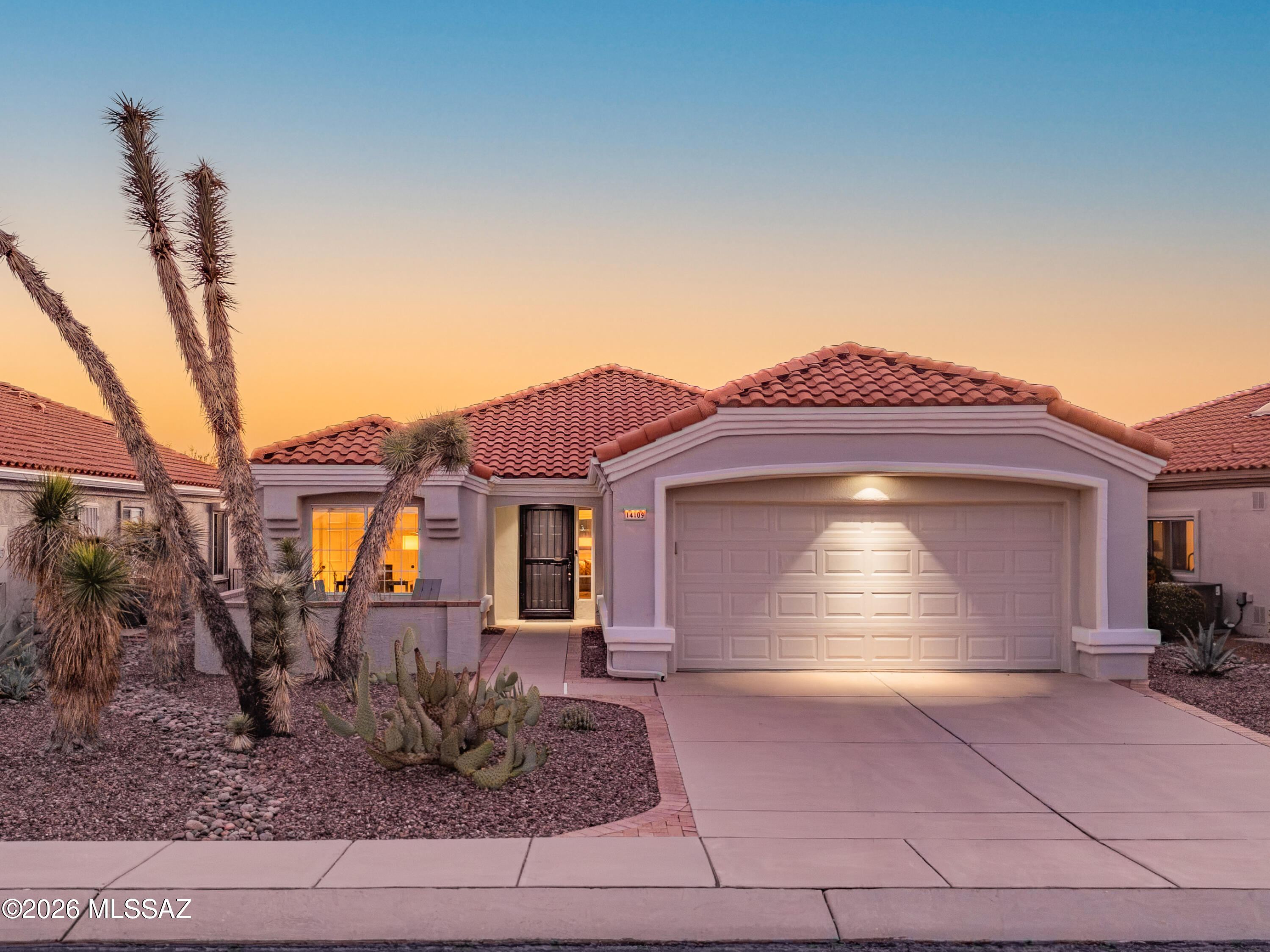 Light, Bright, Open & DONE! Stunning mountain views from this recently updated Mariposa model.  HVAC 8/25; roof 10/23; water heater 1/23; exterior paint 1/25.  And, kitchen and baths - new cabinetry, sinks, lavs, lighting, and fixtures all with matching quartz countertops October 2024. All tile floors; generous two car garage, mature desert landscaping (no irrigation needed); front and rear patios. Located on a quiet cul-de-sac, with easy access to all Sun City has to offer: golf; tennis; pickleball; indoor racquet court; 2 pools; fully equipped gym; artist studios; craft workshops and more! All appliances stay.  Available fully furnished (down to the dishes and linens), making this truly move-in ready. Pristine and nicer than the pictures!