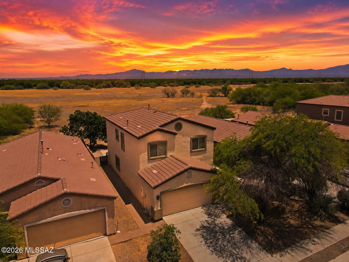 Exceptional 4-bedroom, 2.5-bath home in the Rancho Sahuarita community featuring mountain views, no rear neighbors, and views of the iconic pecan orchards. From the moment you enter, you'll appreciate the sightline to the lush orchards beyond. Tile flooring spans the downstairs, where an open great room seamlessly connects the living, dining, and kitchen areas. A private double-door office and convenient half bath complete the main level. Upstairs, the primary suite offers mountain views & a versatile bonus space perfect for a nursery, yoga area, or reading nook. 3 additional bedrooms & a full bath provide ample space. The backyard enjoys a premium location backing to open space with tranquil views toward the pecan groves. Whether you envision a garden, outdoor kitchen or pool, this space offers unlimited possibilities!