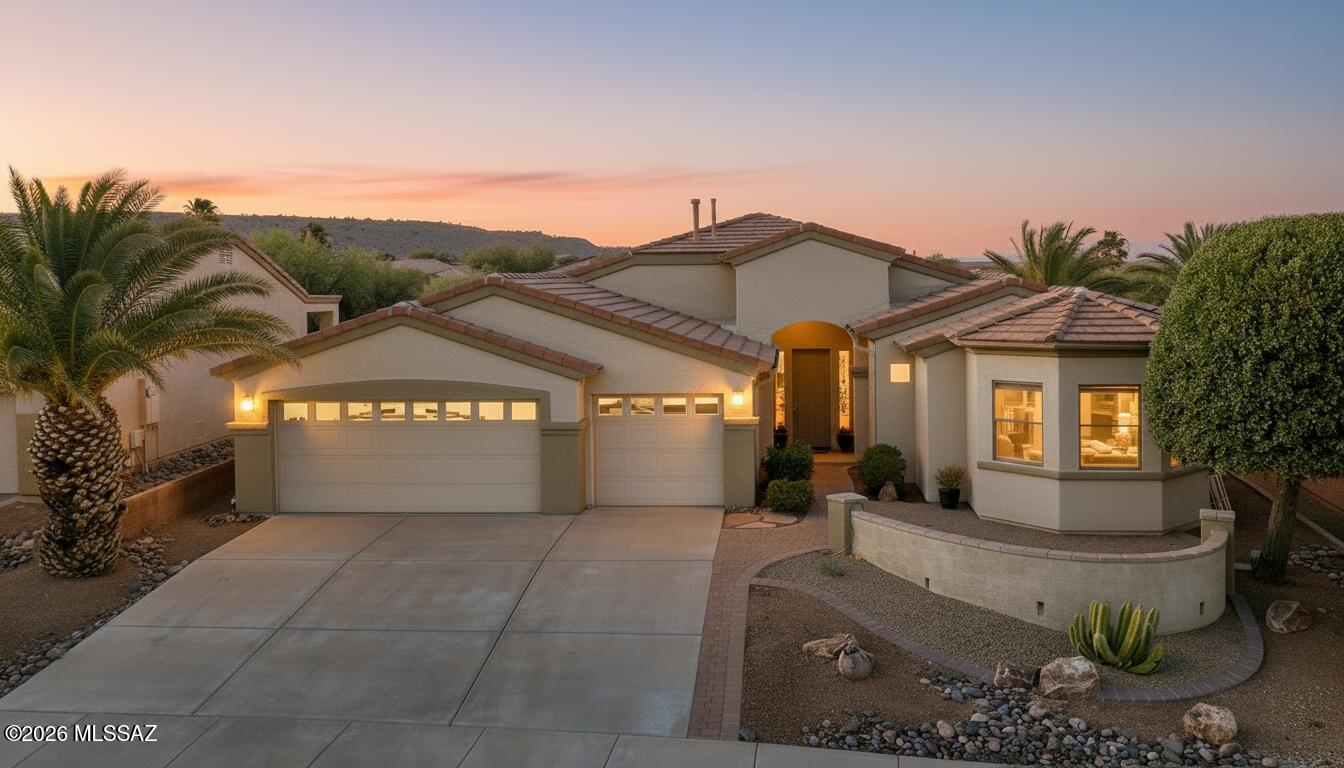 Beautiful home in Las Campanas has everything you need for your new desert lifestyle!  The  front courtyard adds curb appeal and is the perfect setting for your morning coffee ritual as you gaze at the Santa Rita Mountain views!  Inside, an open, light-filled living area draws your eye straight through to a magnificent backyard retreat: The covered patio is perfect for al fresco dining or simply relaxing. The paved yard beyond invites friends and family to gather  around the glowing fire pit it for long conversations under the stars. With no homes behind you, this backyard is built for living well, whether you're dining, tending the garden, or simply unwinding.   The heart of the home is a stunning open kitchen and dining space framing views of the yard beyond.Graceful interior arches add architectural character throughout, lending the home an airy, open feel and letting in lots of natural light.  An open den is adjacent to the living area and is light filled and spacious, making work or art projects enjoyable.  Your primary suite is gorgeous with oversized windows framing the back yard views.  A bump out features oversized windows and allows for a large seating area, or extra dresser.  The guest suite offers comfort and privacy, and windows looking out to the front courtyard-a very welcoming space for winter guests.  Just outside your door, enjoy easy access to scenic walking trails and a large recreation center down the street -- everything you need for an active, connected desert lifestyle.  With so many gathering spaces outside, and so many beautiful living spaces inside, there will be nothing left on your wish list when you call this house your home!