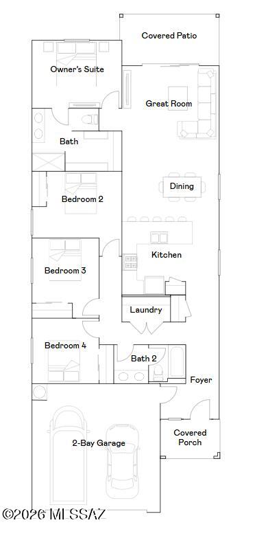 The Great Room, kitchen and nook share a convenient and contemporary open floorplan in this single-level home, offering direct access to the covered patio through sliding glass doors. Four bedrooms offer plenty of space for the entire household, including a luxe owner's suite found at the back of the home for privacy and complemented by a walk-in closet and en-suite bathroom. This home includes GE® stainless steal appliances, Rinnai Tankless Water Heater, prep for reverse osmosis, Quartz Countertops, 2'' faux wood blinds, LED lighting and so much more! As an added bonus, this home includes a washer and dryer -