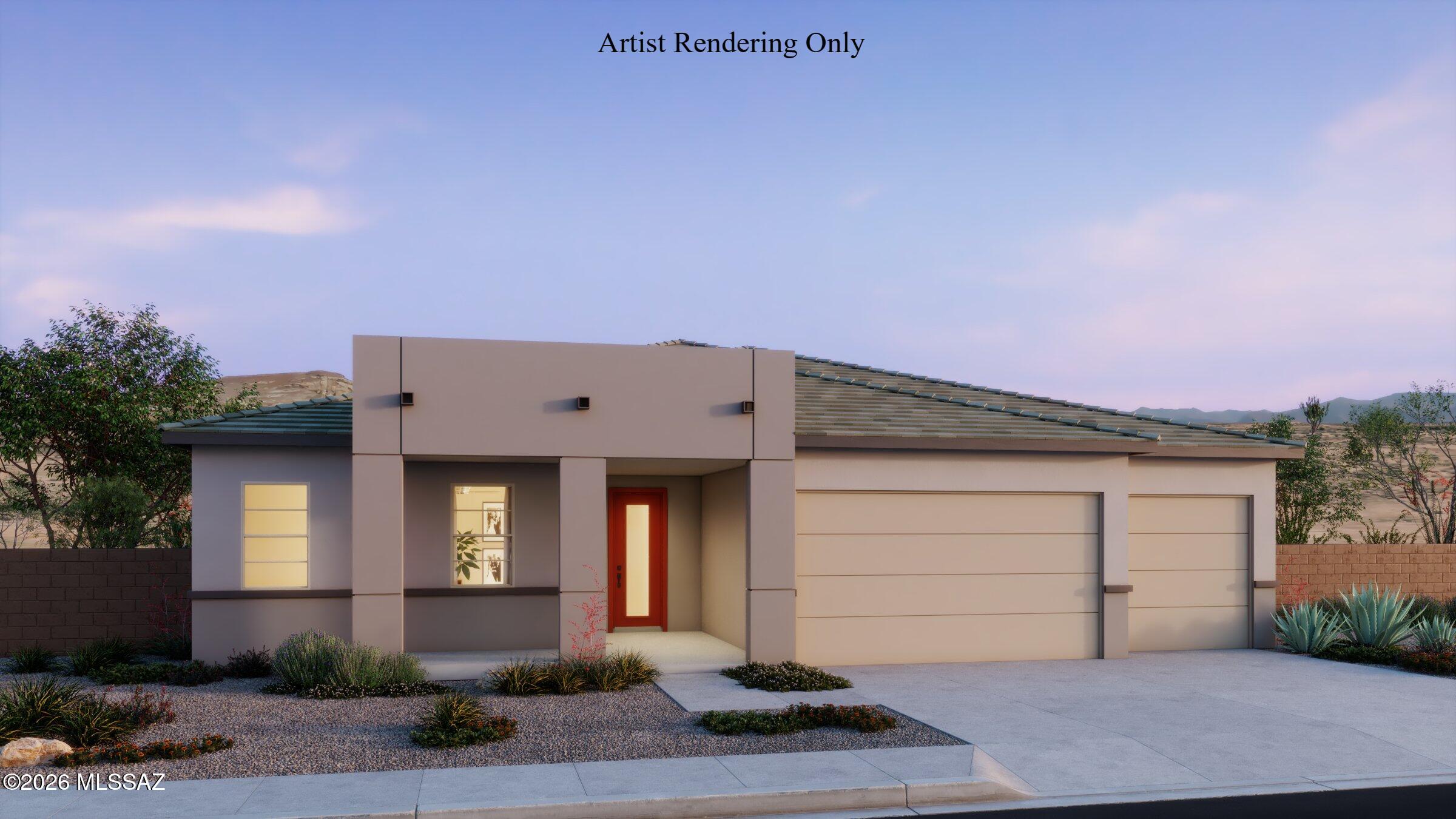 Charming 1-story Hunter plan with Desert Modern elevation features 3 bedrooms, 3 full baths, Study and 3-car garage. Open concept floorplan includes Greatroom, Gourmet Kitchen and dining area. 12' centered sliding glass door leads to covered back patio. Gourmet kitchen has Whirlpool refrigerator, granite counters, gas cooktop, built-in microwave/oven and walk-in pantry. Owner's suite has huge walk-in closet, walk-in shower, spacious vanity with dual sinks. Laundry room includes Washer/Dryer. Also included: 2'' faux wood blinds!
