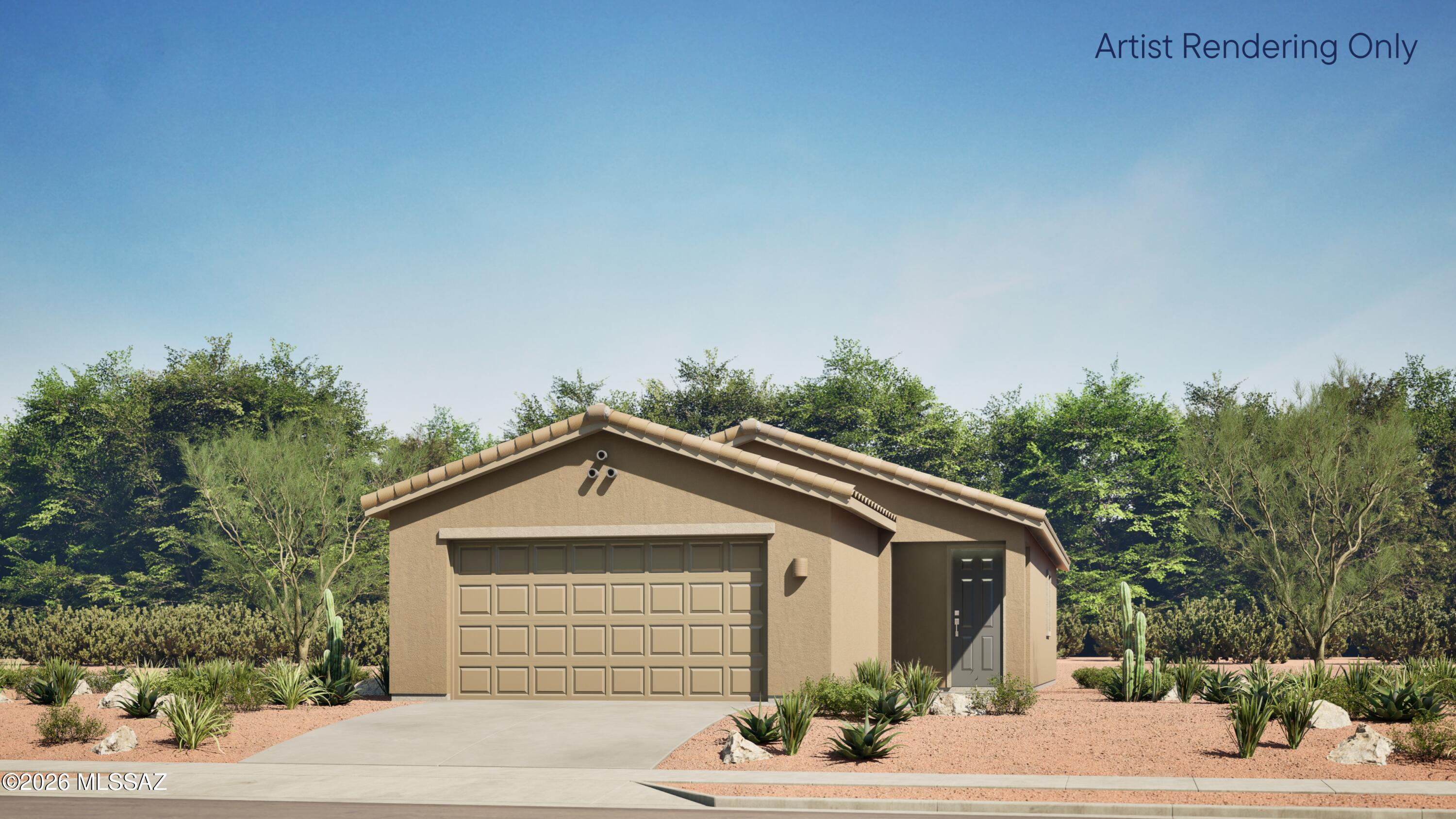 This new single-story home maximizes space for increased tranquility. An open floorplan connects the kitchen, dining room and family room in a modern style that prioritizes functionality. Nearby is a covered patio to promote seamless indoor-outdoor living. On the opposite side of the home are two secondary bedrooms and a tranquil owner's suite with a private bathroom and walk-in closet. This home includes GE® stainless steal appliances, Rinnai Tankless Water Heater, prep for reverse osmosis, Quartz Countertops, 2'' faux wood blinds, LED lighting and so much more! As an added bonus, this home includes a washer and dryer - move-in ready and waiting for you!