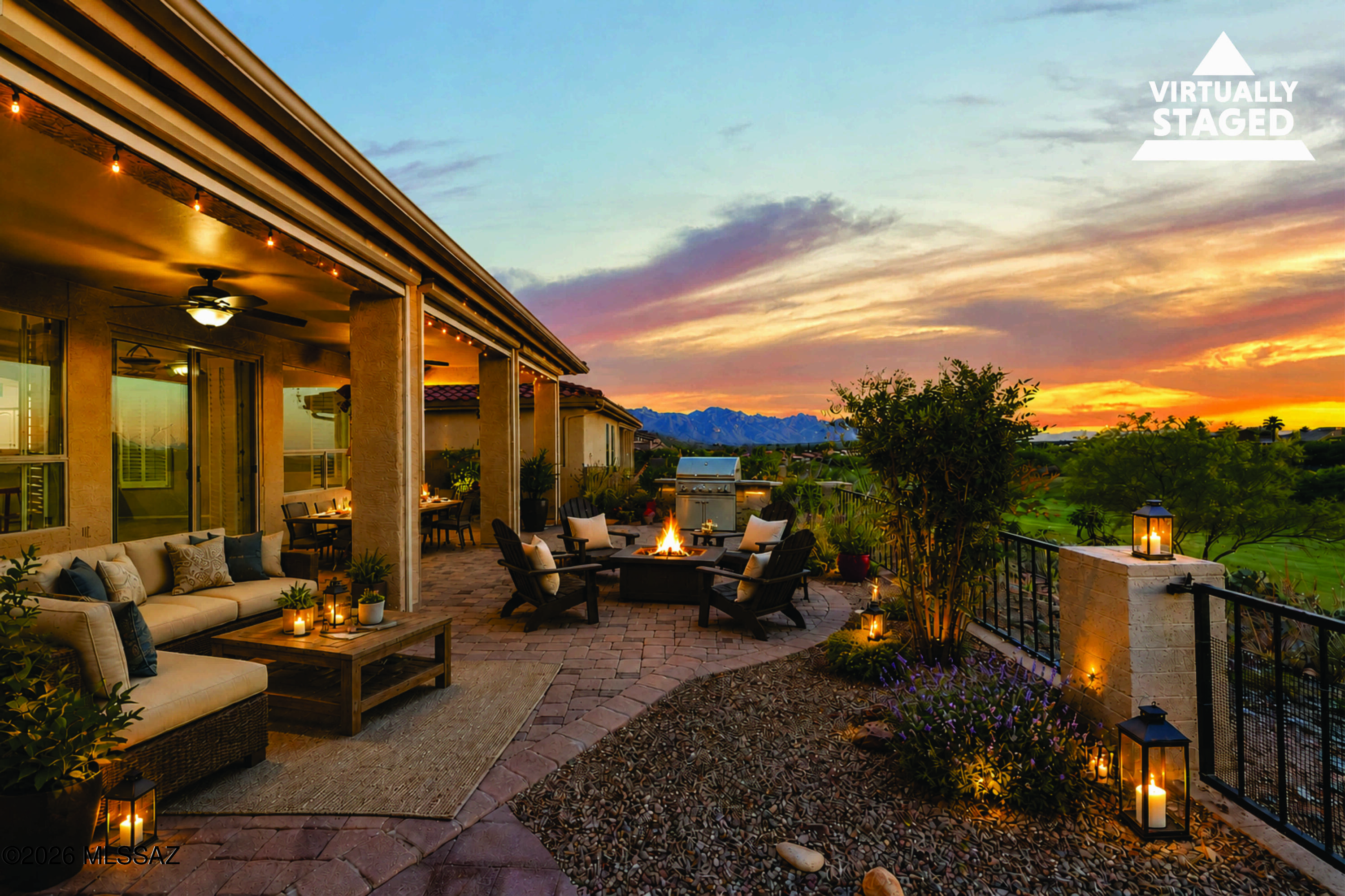 Positioned on one of the most coveted view corridors on Golf Course Dr, this rare HOA-1 Cimarron w/CASITA and 3rd full bay garage delivers a double-fairway perspective--emerald fairway, a second corridor beyond, and the full sweep of the Catalina Mountain panorama anchoring the horizon. Before you ever step inside, the home makes an impression: ledgestone trim, freshly epoxied driveway, and a walled, pavered courtyard with custom ironwork that feels less like an entrance and more like an arrival. Inside, the light-filled great room opens generously beneath coffered ceilings, with expansive rear-facing windows oriented to place the view at the center of daily living. The kitchen has been thoughtfully upgraded with stainless appliances and quartz counters, and ceramic tile runs continuously throughout home and casita-no carpet. The primary suite is a true owner's retreat -- dual separate quartz vanities, a curbless tiled shower, and a custom-organized walk-in closet of generous proportion. The second bedroom, with its generous closet and hall bath access, offers compelling flexibility as a second home office, craft room, or creative studio -- giving each owner their own dedicated space within the main home. For family or long-term guests, the detached casita provides a welcoming private retreat, and its full separation from the main living areas makes it equally well-suited for a live-in caregiver. Step outside to a extended paver patio where motorized shades transform the space into a true Arizona room where evenings are defined by golden-hour light light cascading across the fairways, dramatic desert skies, and uninterrupted mountain sightlines. This immaculately maintained property has been pre-inspected with repairs completed and includes newer HVAC and a full roof warranty, offering move-in-ready peace of mind that is increasingly rare, and genuinely valuable. Beyond the front door lies SaddleBrooke -- unhurried, beautifully maintained, and quietly extraordinary. Golf, fitness, creative pursuits, and a social life as full or as peaceful as you choose, all set against one of Southern Arizona's most breathtaking natural backdrops.