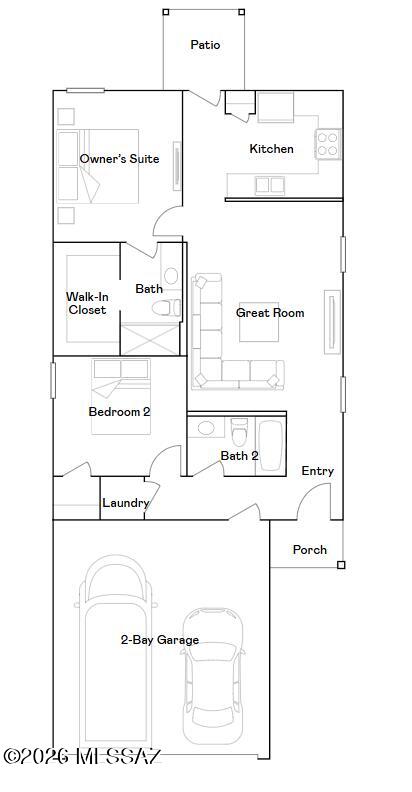 This new home features a convenient single-story layout that is host to an inviting open floorplan consisting of the kitchen and Great Room, with a patio offering outdoor access off the main living area. Two bedrooms are tucked away to the side of the home, including the luxurious owner's suite, complete with a spa-inspired bathroom and walk-in closet. A two-bay garage completes the home. Our homes come with Quartz Countertops, the Frigidaire Stainless Steel Appliances, Rinnai Tankless Water Heaters, Post-Tension Foundation, Taexx built-in pest control system, Radiant barrier roof decking, 2'' Faux Wood Blinds and more!