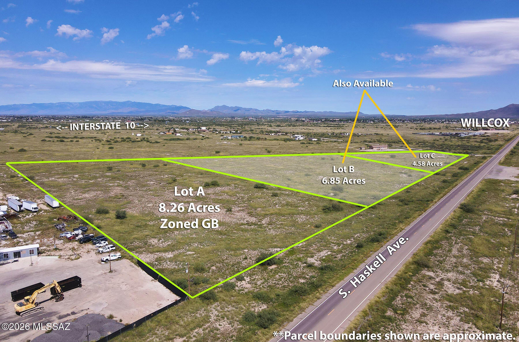 Parcel A is the western demised portion of a 19.7-acre GB-zoned commercial master parcel on Haskell Avenue, approx. one mile from the Taylor Road interchange on I-10. This proposed roughly 8.3-acre parcel features over 395 feet of Haskell Ave. frontage with excellent highway visibility and accessibility. Power is to the lot. Master parcel is fully fenced. General Business zoning supports a wide range of commercial uses including RV parks, truck parking, storage, retail, hospitality, residential and more. Flat, open terrain ready for development. No sewer or city water; development requires well & septic. All measurements and boundaries subject to final survey. See master parcel parent listing MLS# 22624402 for additional details.