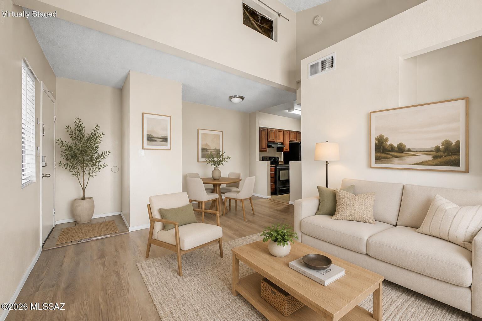 Move-in ready! This 1-bedroom condo at Copper Star Condominiums is waiting for you! Perfectly situated in the heart of Tucson, this inviting second-floor unit is surrounded by restaurants, schools, parks, plazas, and entertainment options. Enjoy convenient access to I-10 and AZ-77 for an easy commute, and proximity to UMC and the U of A. Step inside to find a bright and airy semi-open layout accented by warm neutral paint, tile flooring in high-traffic areas, and wood-look floors elsewhere. The kitchen features ample storage. The bedroom includes a closet, while the full bathroom offers a comfortable tub-shower combo. Relax on the private balcony and take in the view. Community amenities include a rec center, pool, spa, fitness center and picnic areas. Don't miss this opportunity!